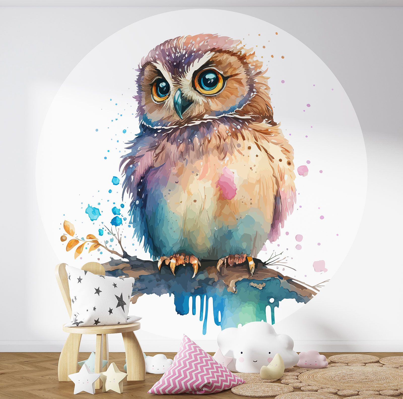 Carta da parati Cerchio Rotondo per Bambini Gufo Diametro