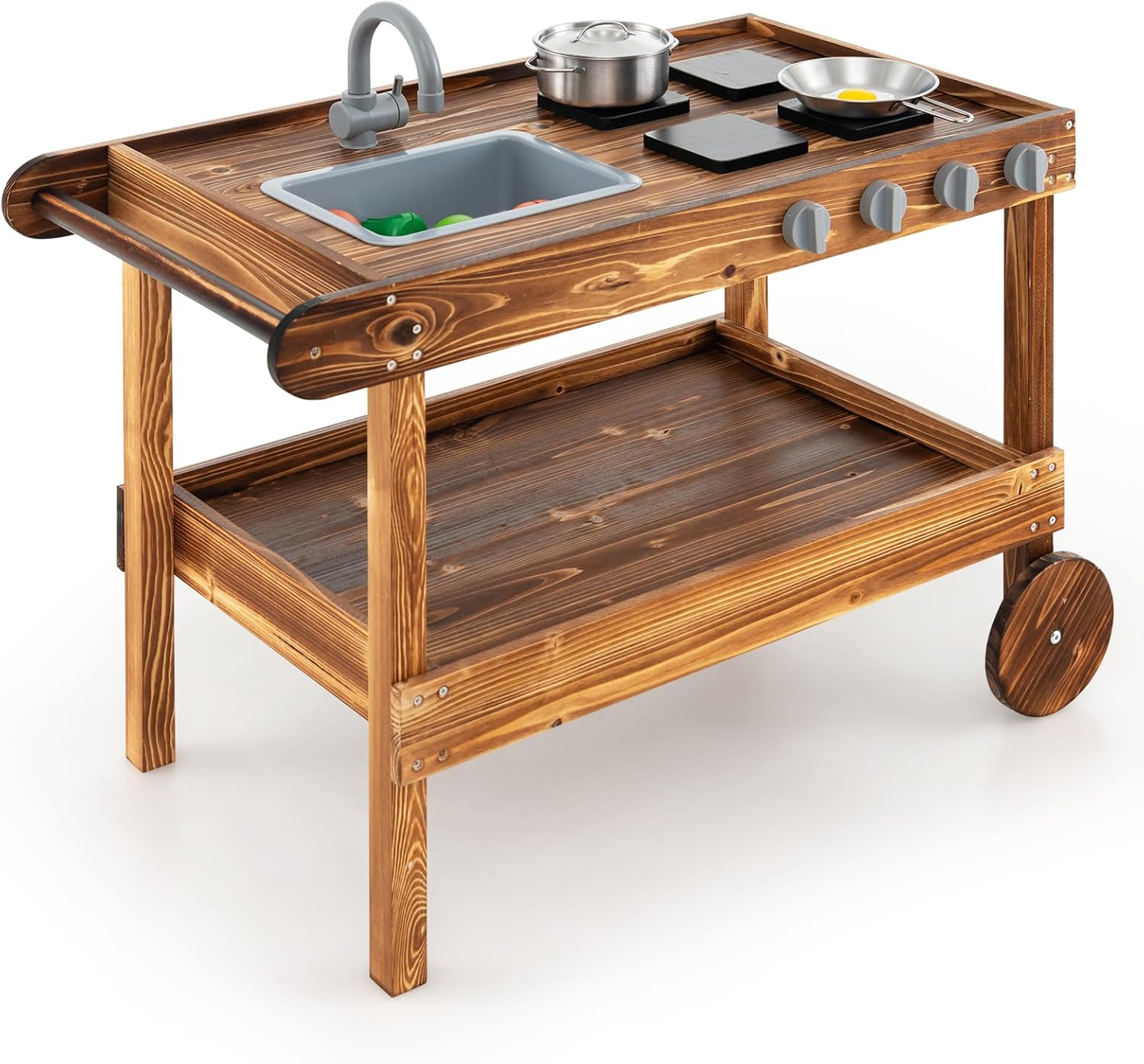 COSTWAY Cuisine Extérieure Enfant avec Évier & Poêles Doubles, Cuisine de Boue en Bois de Sapin
