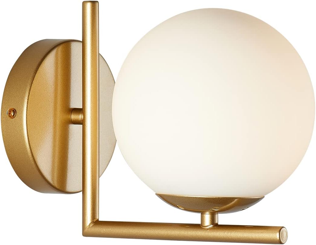 Applique Murale Globe Ambre Vintage - Bras Long 60cm, Globe Verre 15cm, Style Industriel Doré