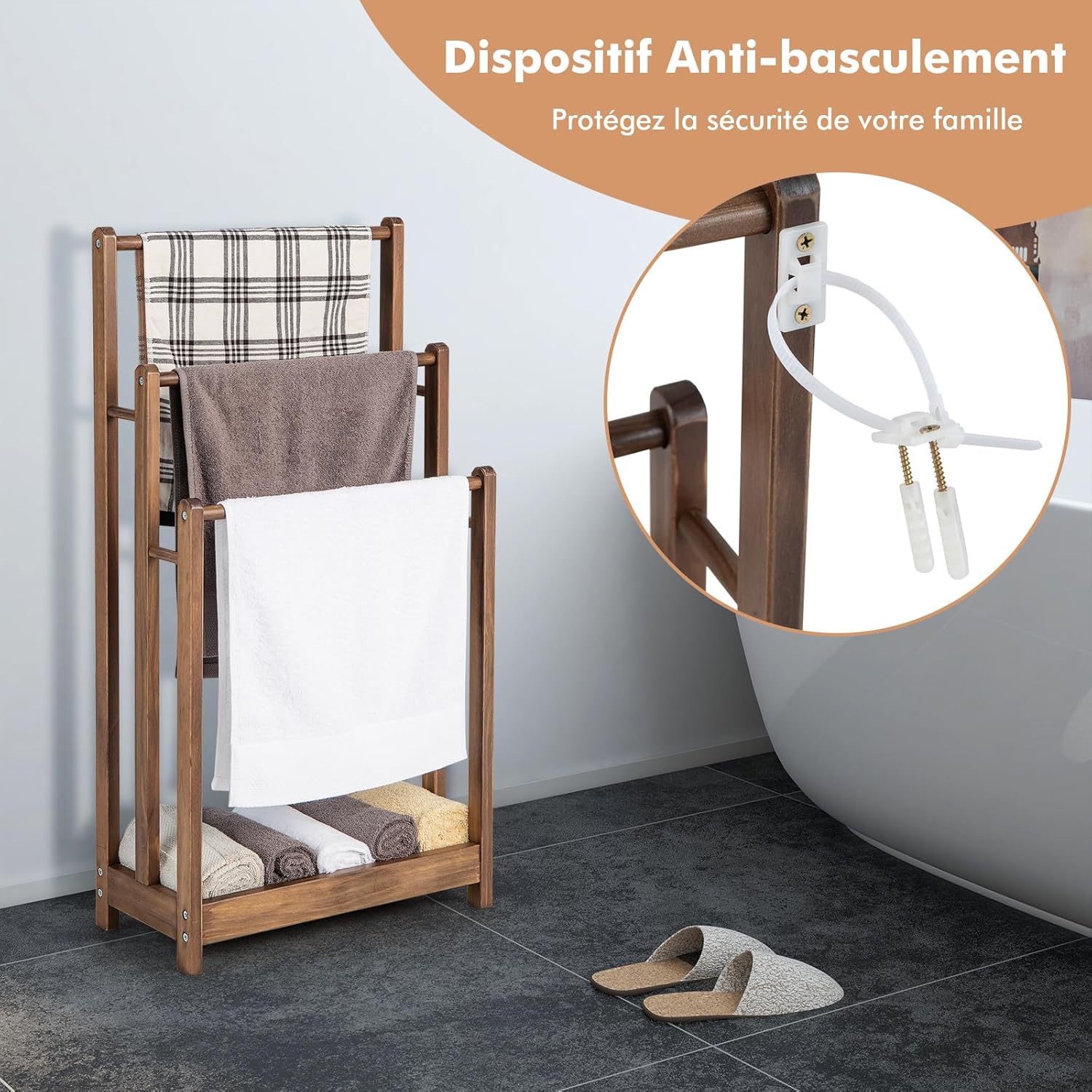 Porte-Serviettes sur Pied en Bois, 3 Barres et Étagère de Rangement Inférieure, Dispositif Anti-Renversement, 22 x 45 x 86 cm, Marron - 9