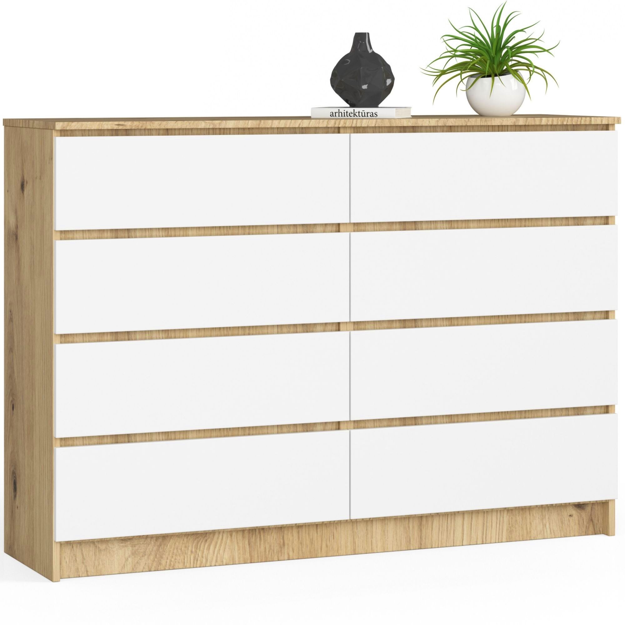 Komoda AKORD K140 Dąb Artisan 138 cm 8 szuflad kolor Biały mat 138x40x99 cm