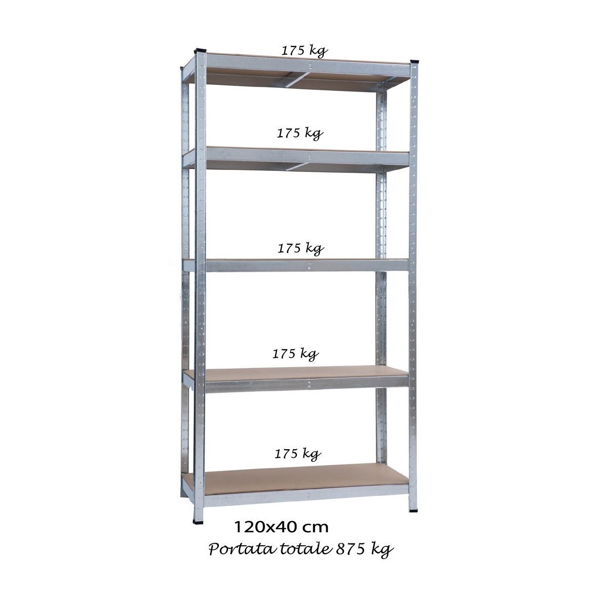 Scaffale In Metallo A 5 Ripiani, 120x45x180 Cm, Capacità 875 Kg, Montaggio Senza Viti, Regolabile, Per Garage E Magazzino