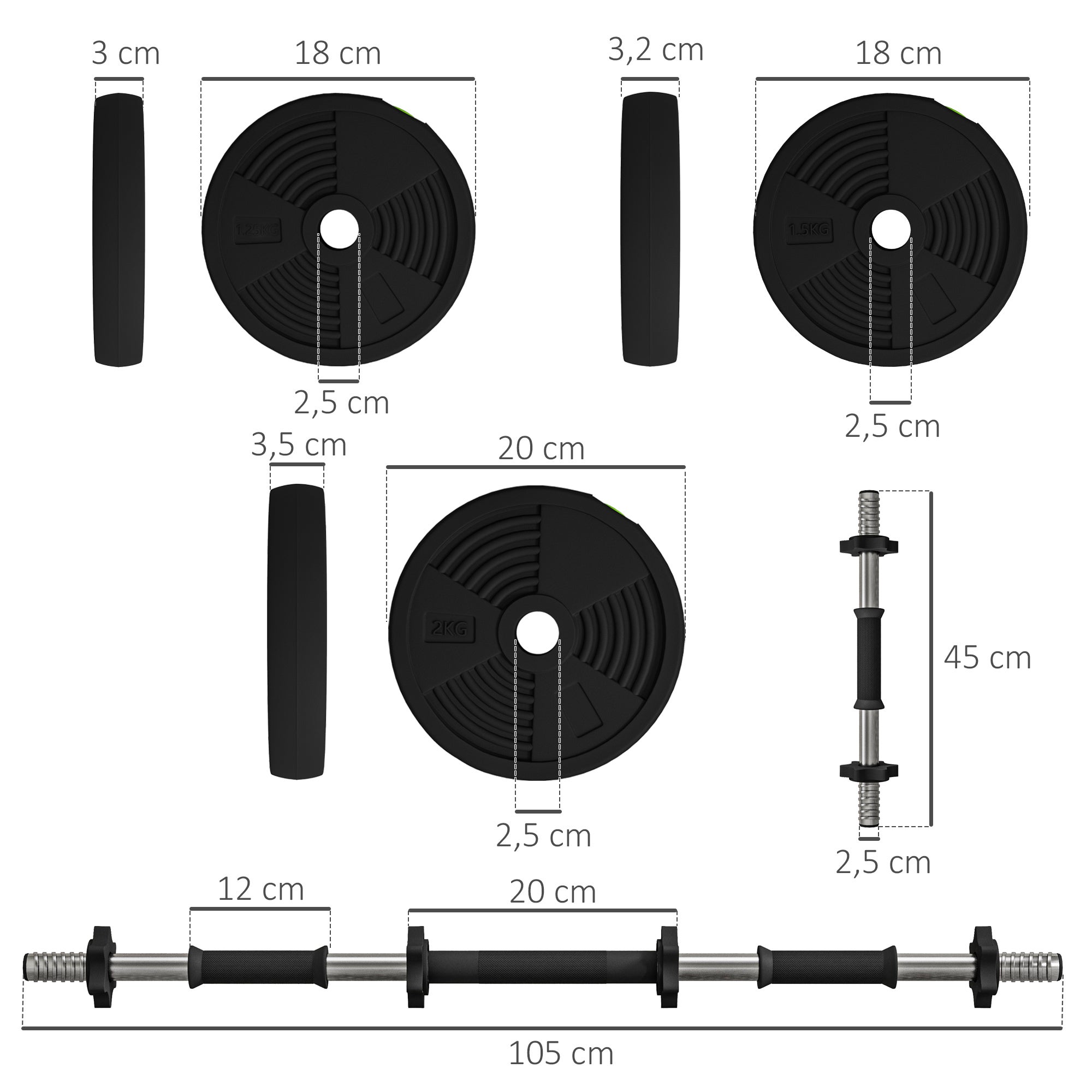 Kit Halteres 20kg 2 em 1 Ajustável Pega Antiderrapante Treino Casa Ginásio Preto Verde - 2