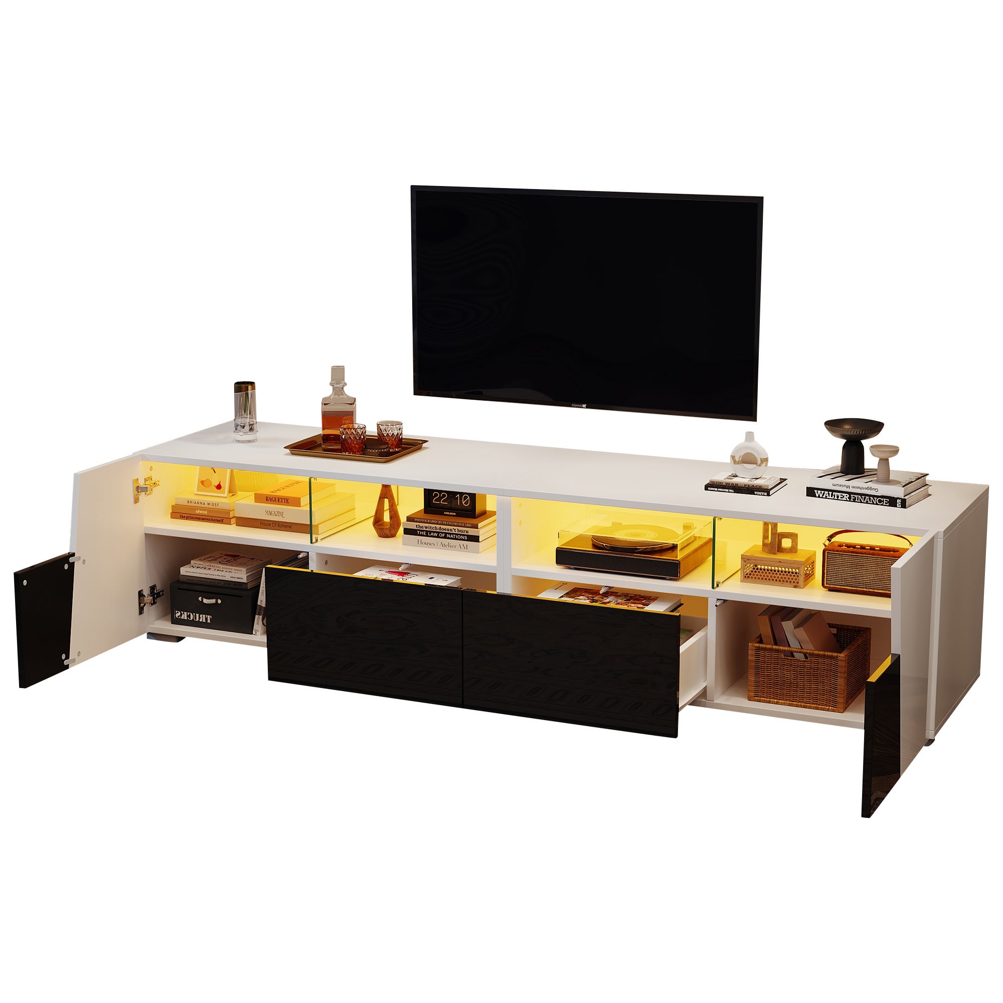 Meble pod TV 180x38,5x45 cm - z oświetleniem LED - 2 szuflady i 2 fronty - Otwarte półki - Błyszczące wykończenie - Biały + czarny - 5