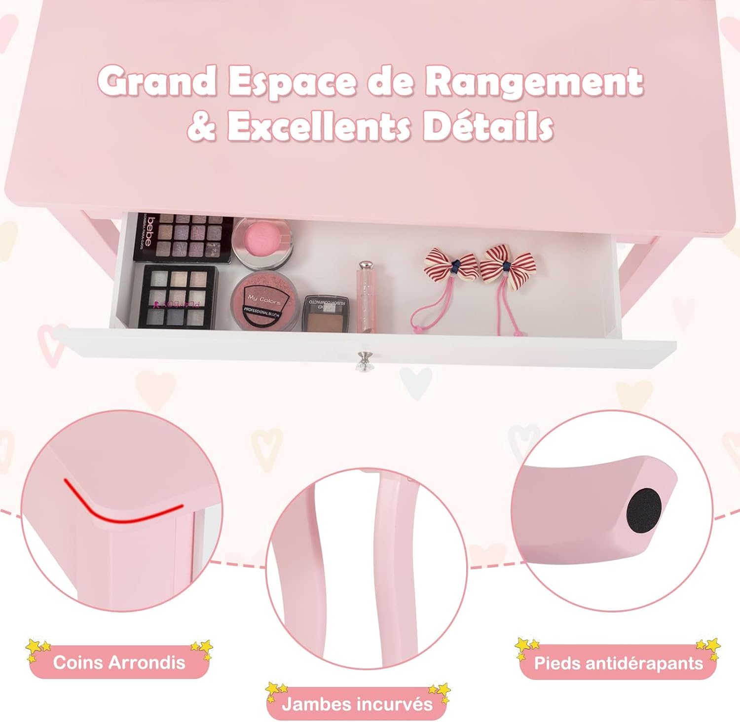 Tavolo Toeletta Per Bambine Con Specchio Luci E Accessori - Set Trucco E Gioco, 57x34x76 Cm