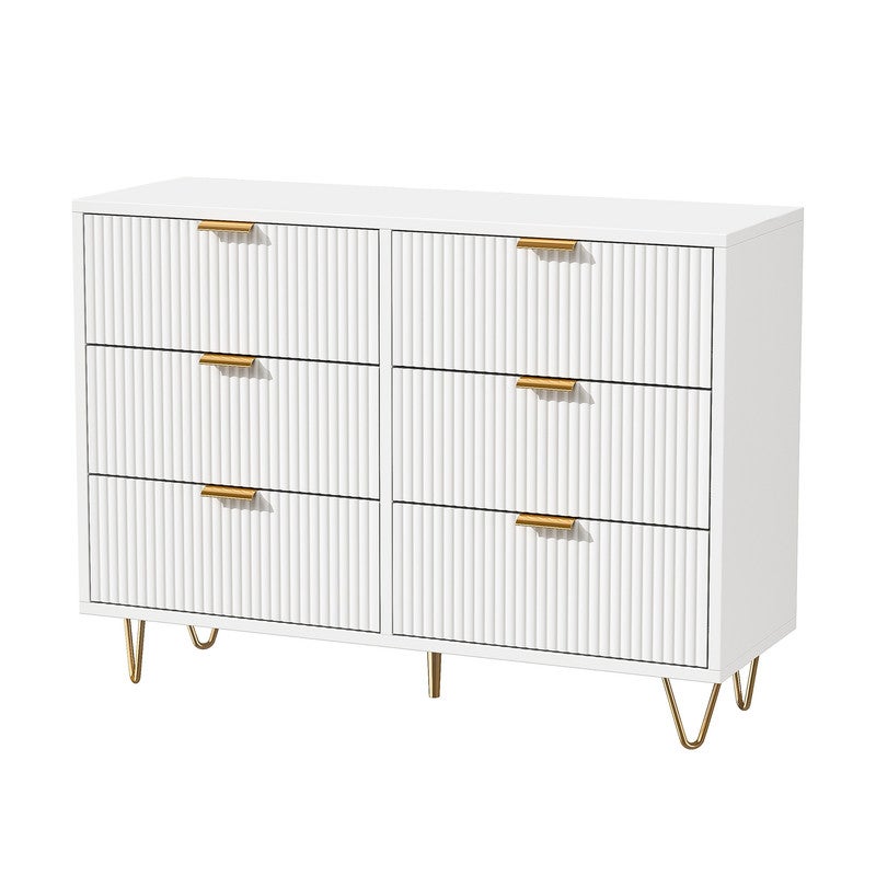 Commode Blanche 6 tiroirs, Commode Chambre Meuble de Rangement Moderne avec poignées et Pieds dorés pour Salon, Chambre, Bureau - 9