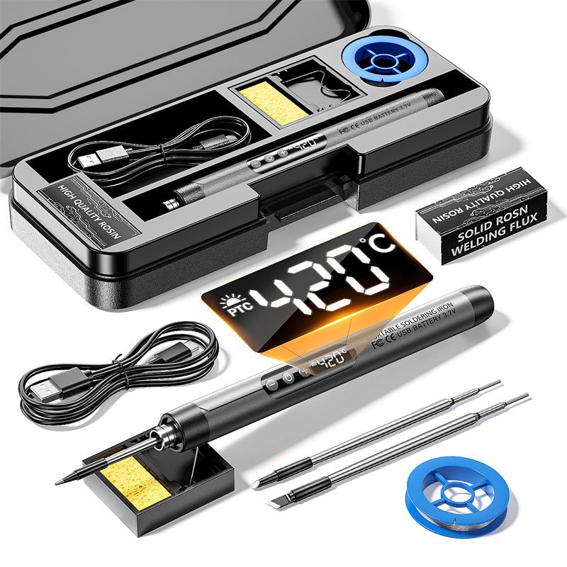 Zestaw lutownicy bezprzewodowej USB z wyświetlaczem LCD, regulowana temperatura od 260°C do 420°C, zawiera 3 groty lutownicze