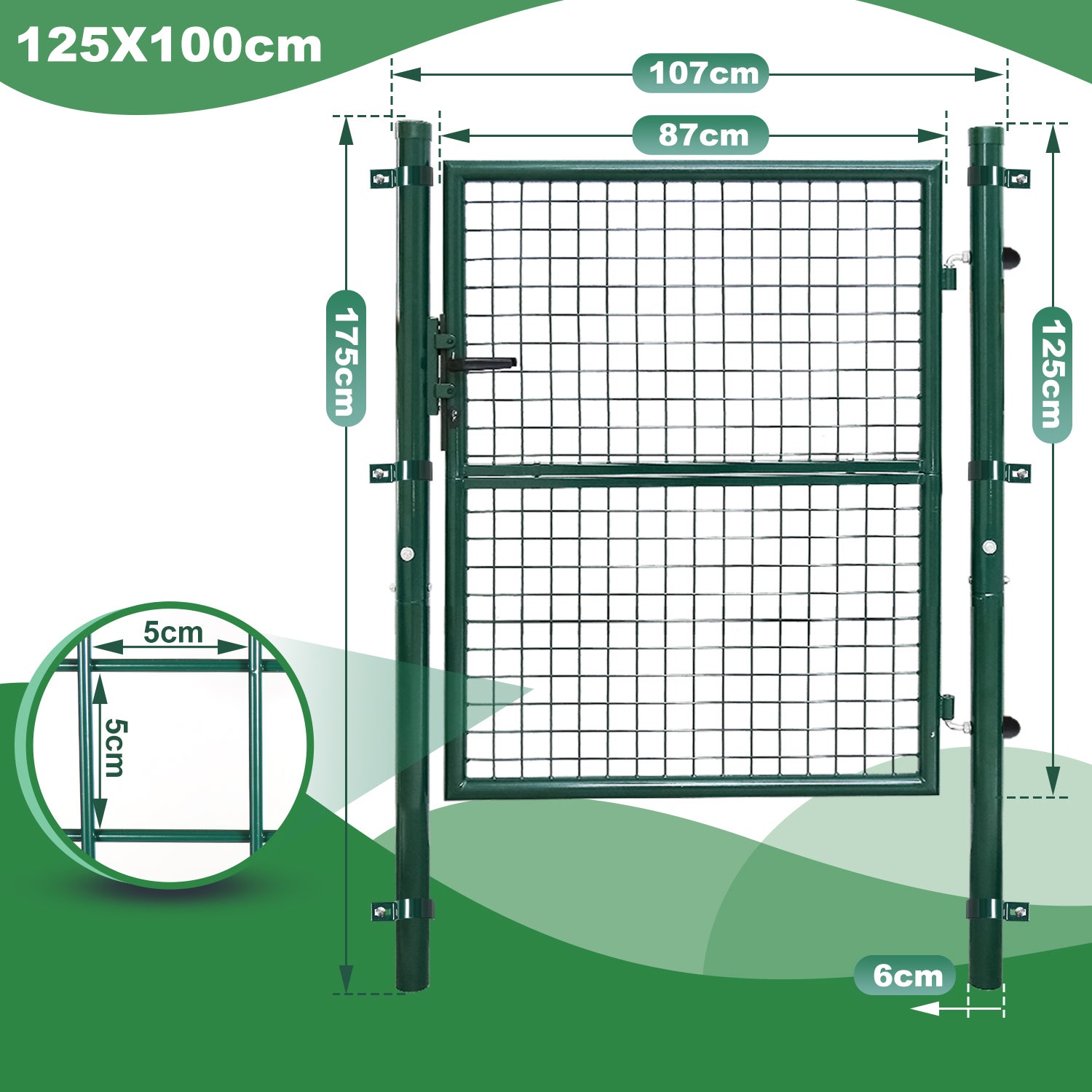 Portillon de jardin - En acier galvanisé - Portail de jardin - Porte de clôture - Avec serrure, poignée et clé 125 x 100cm, Vert - 2