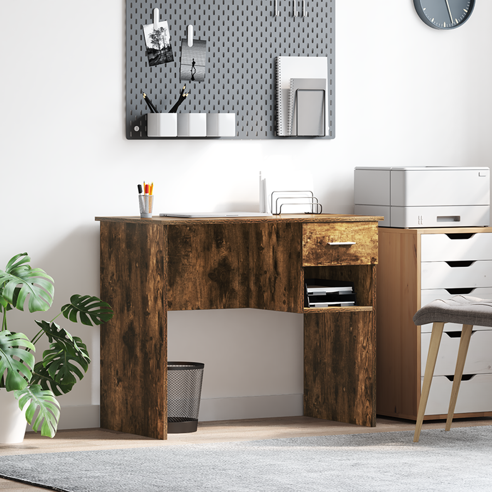 Vidaxl Escritorio Con Almacenamiento Roble Ahumado 90X49.5x75 Cm Madera Elaborada Marrón , Leroy Merlin