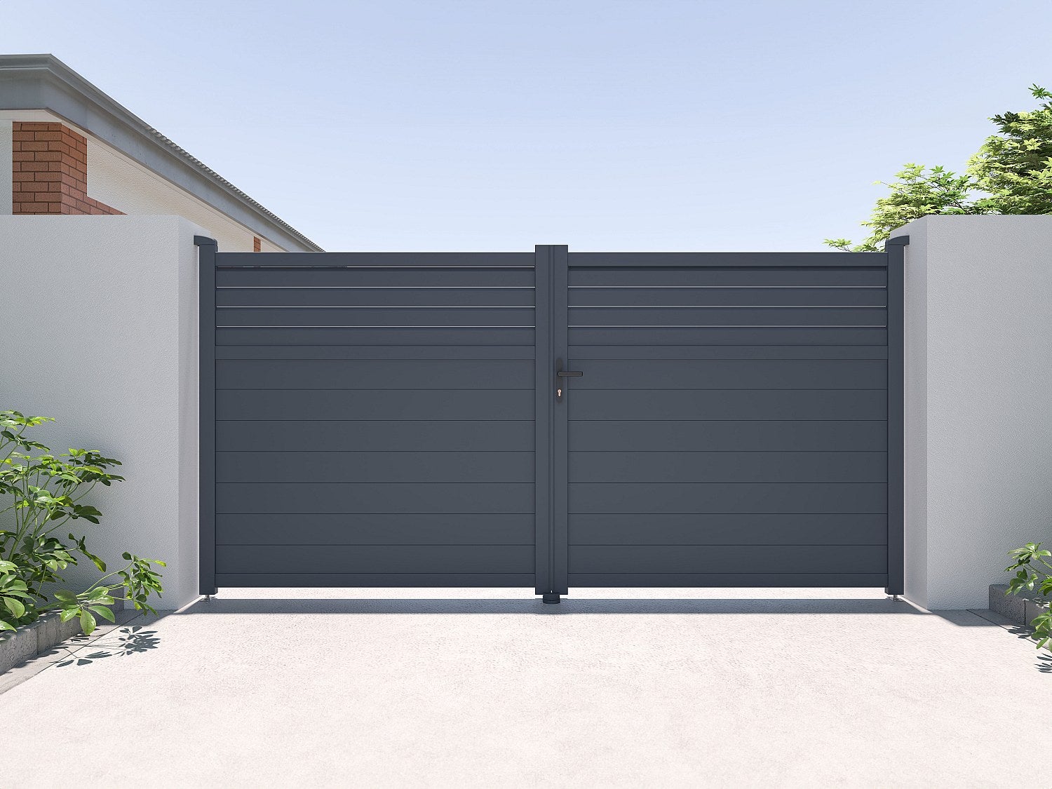 Brama elektryczna rozwierna żaluzjowa z antracytowego aluminium szer. 355 x wys. 181 cm - VIAZO
