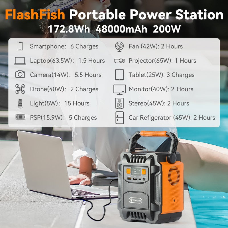 FLASHFISH A201 Station Électrique Portable 200W - Batterie Solaire 172,8Wh 48000mAh - AC 230V USB-C DC 12V - 8