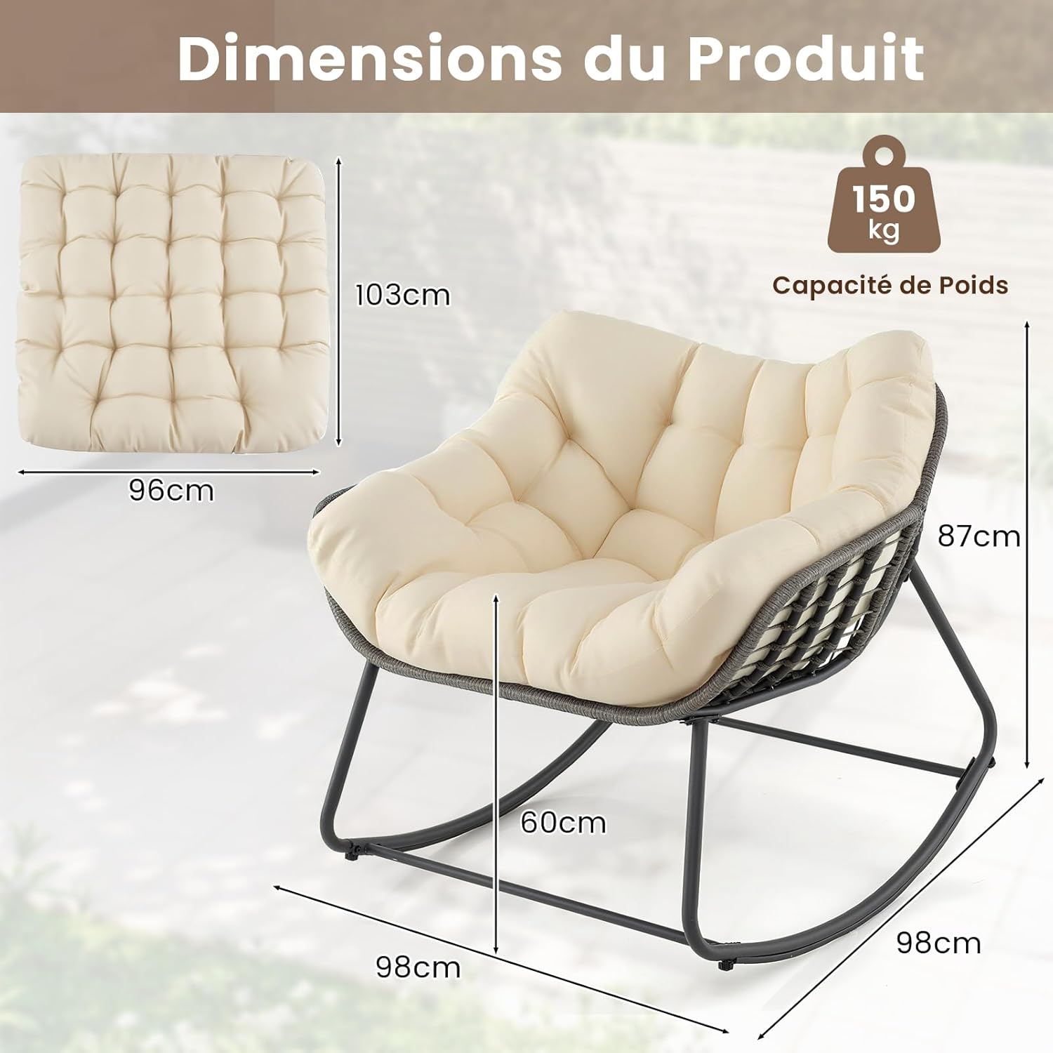 Fauteuil à Bascule d'Extérieur, Fauteuil Œuf Surdimensionné en Osier PE avec Coussin Épais Amovible, 98 x 98 x 87 cm, Charge 150 kg, Beige - 3