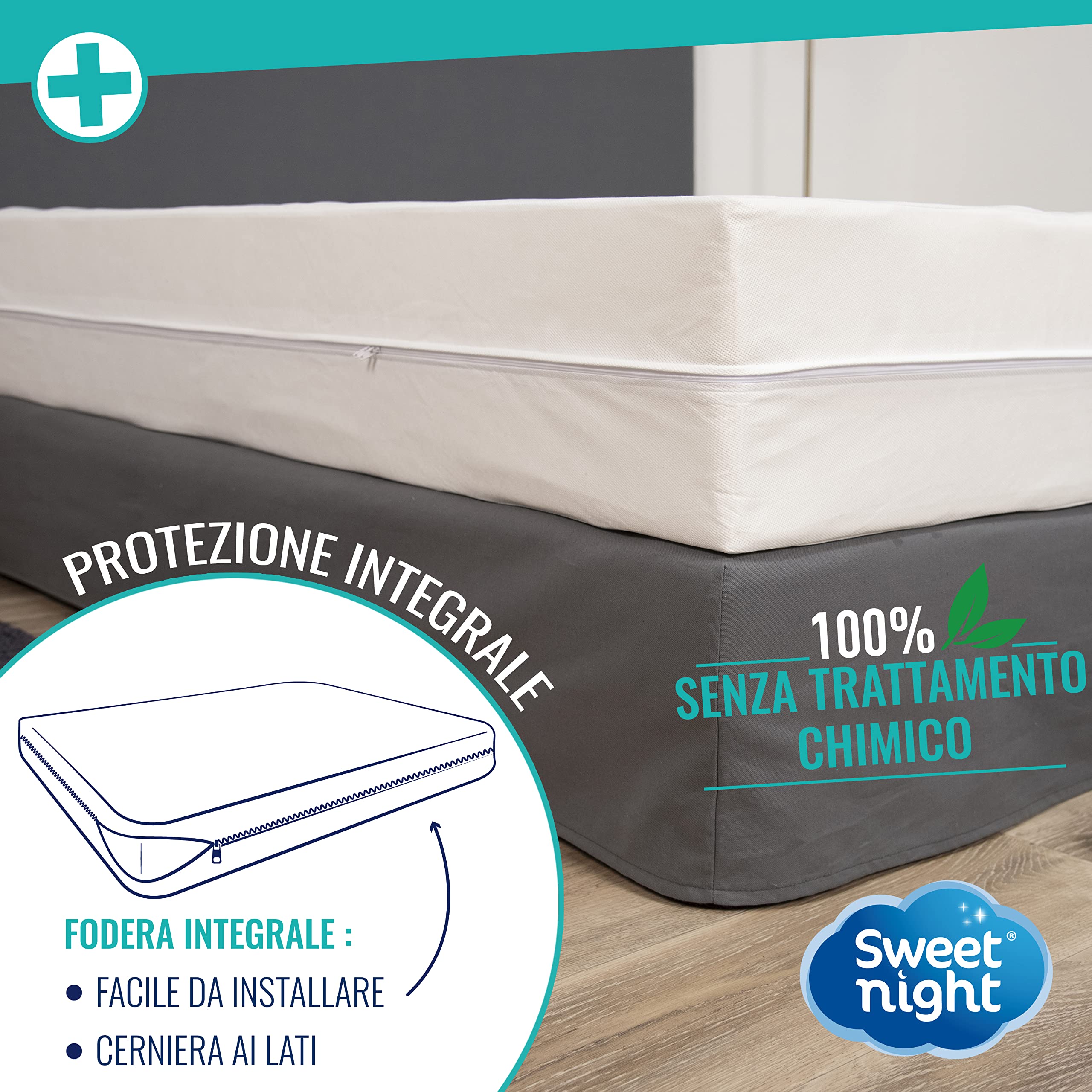 SWEET NIGHT Housse complete pour matelas Anti-acariens Anti punaise de lit - 140 x 190/200 cm - Blanc - 4