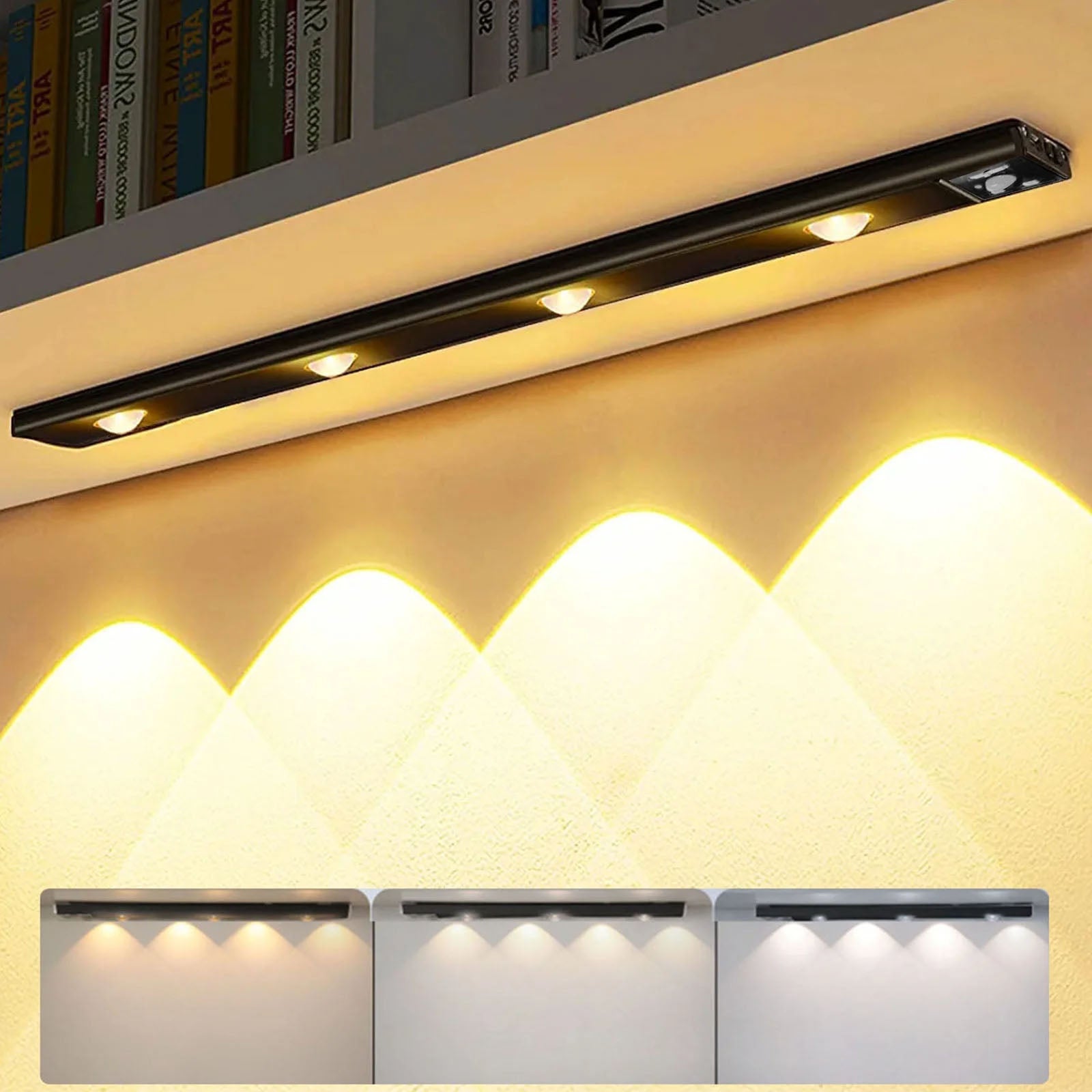 Lampa LED z czujnikiem ruchu o zmiennej intensywności, ładowana przez USB, do kuchni, temperatura barwowa od 3000 do 6000 K (czarna, 50 cm)