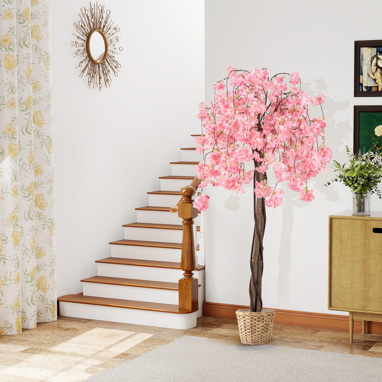 Albero di Ciliegio Artificiale 163 CM, Pianta Finta da Interno con Vaso in PP Riempito con Cemento, Fiori in Tessuto, Decorazione per Ufficio, Casa e - 3