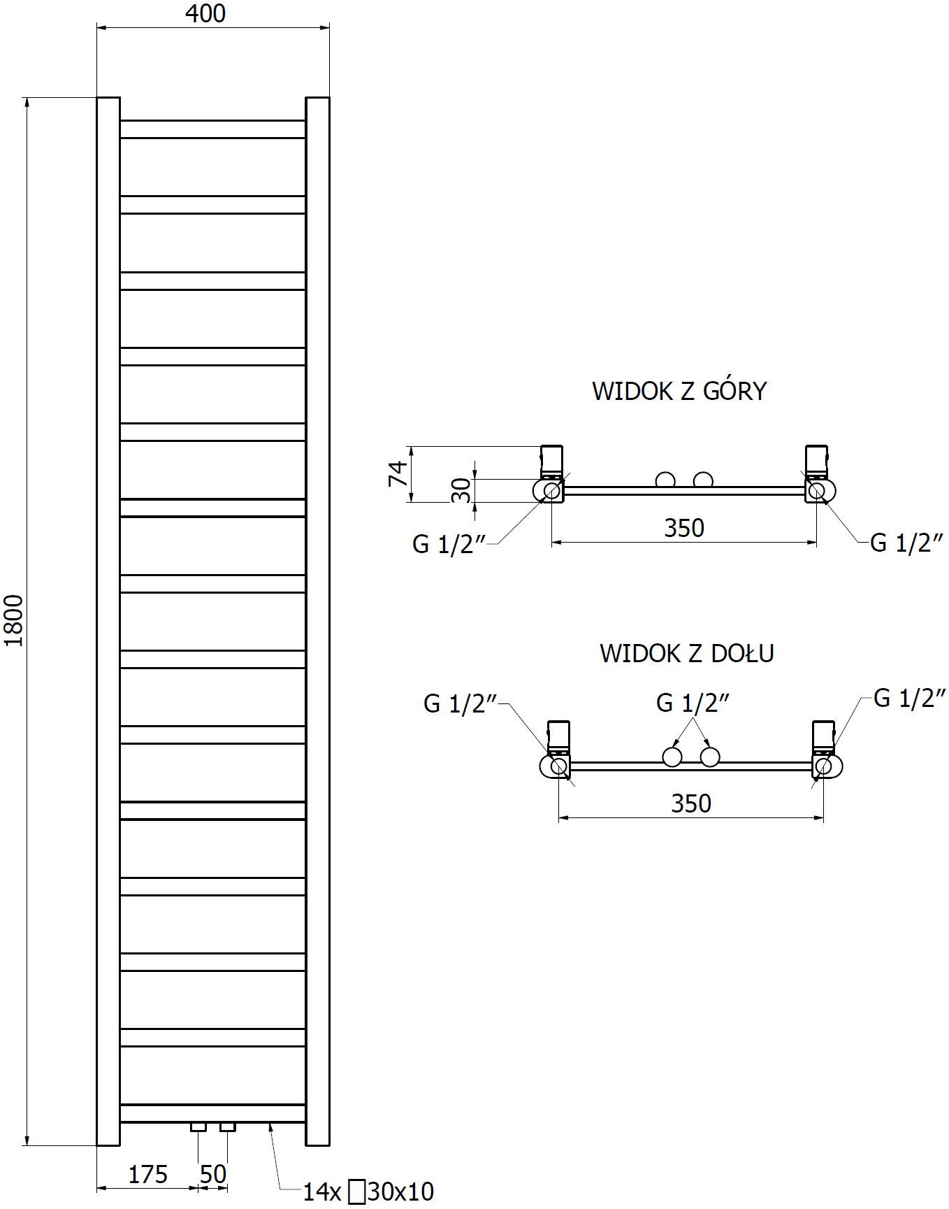 Mexen Bolt grzejnik łazienkowy 1800 x 400 mm, 406 W, czarny - W126-1800-400-00-70