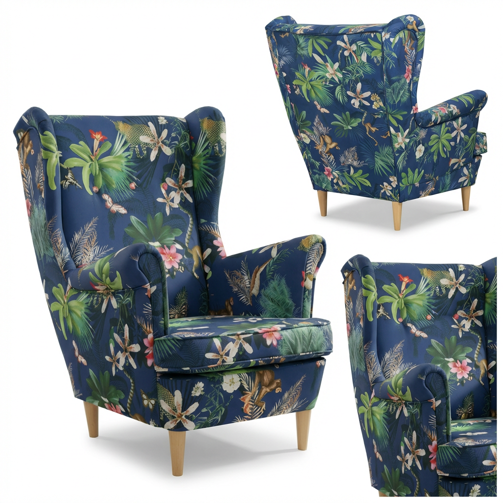 Fotel uszak skandynawski wzorzysty niebieski liście Ari Print Family Meble