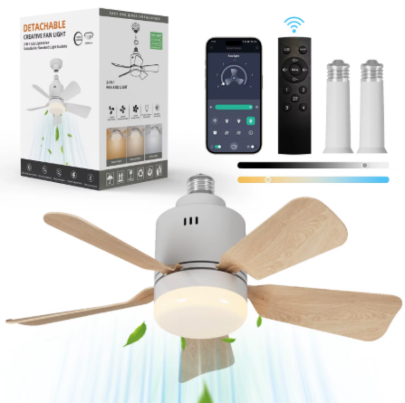 Ventilateur de plafond LED avec lumières, 45 cm E27, télécommande, 4 vitesses, 3 couleurs, intensité variable,couleur bois, APP | Leroy Merlin