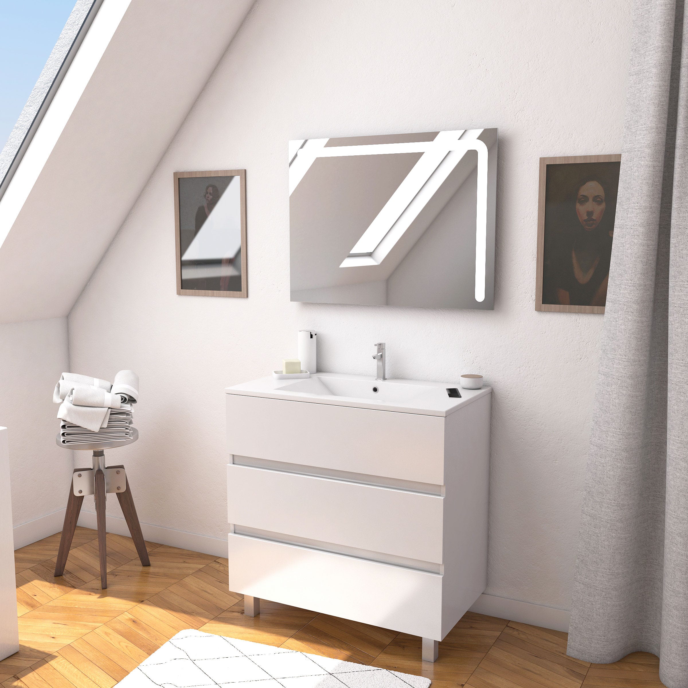 Meuble Salle De Bain Blanc 80 Cm Avec Vasque Céramique - Meuble Bas Sous Vasque Élégant - Montage Facile