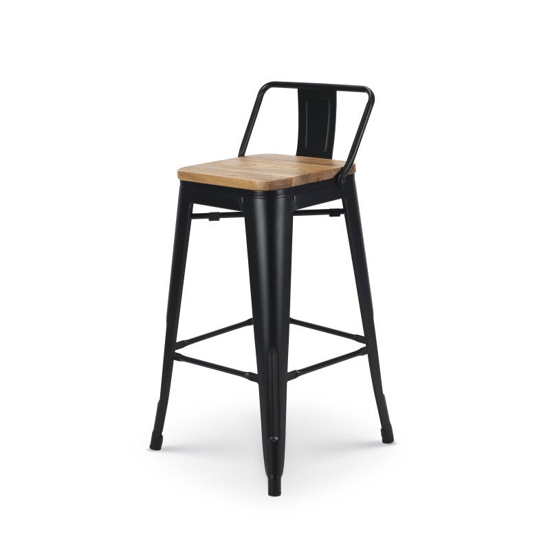 Lot de 4 tabourets de bar en métal noir mat style industriel avec dossier et assise en bois clair - Hauteur 66cm - 3