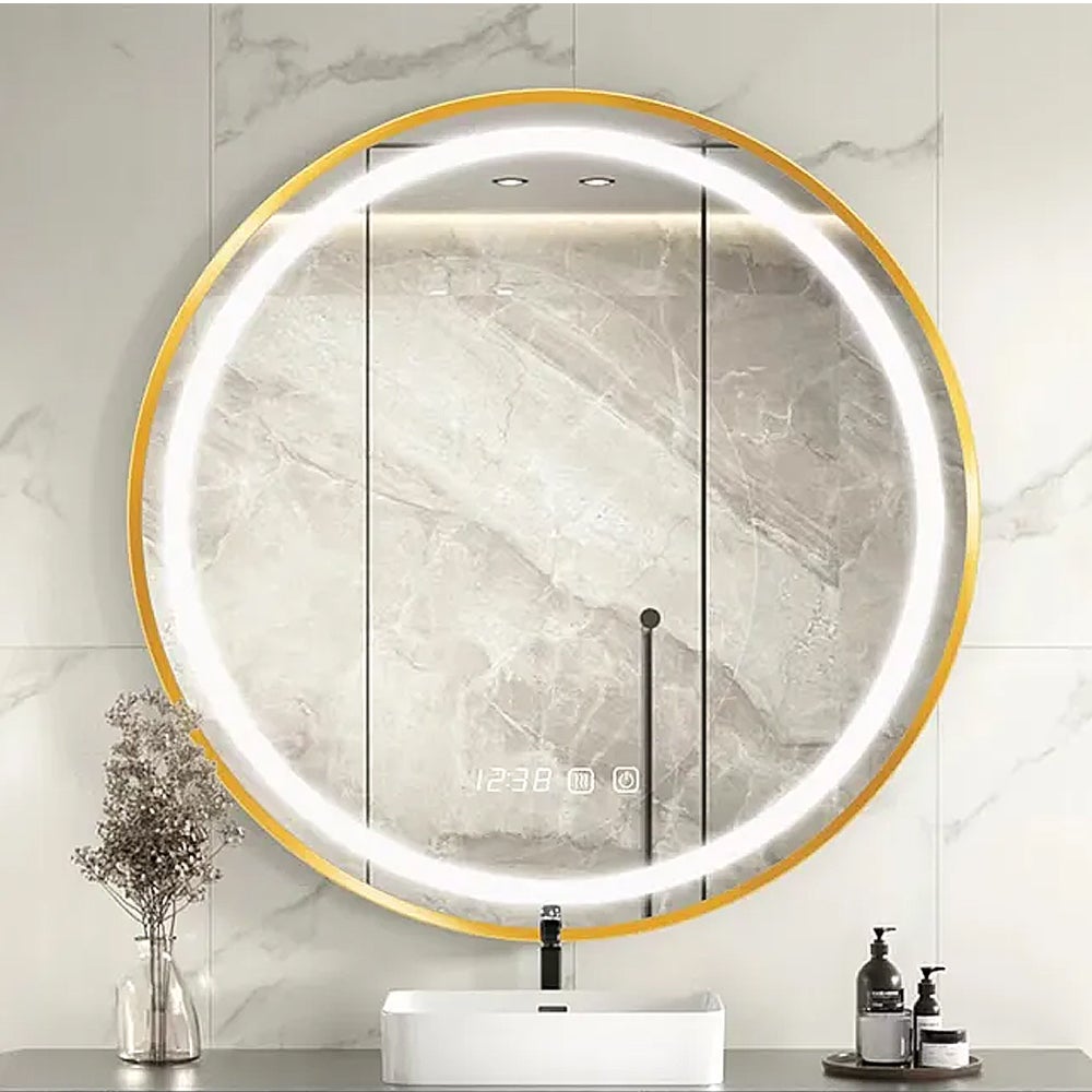 Lustro ścienne LED do łazienki, przeciwmgielne, okrągłe, 3 temperatury barwowe, aluminium i szkło, 60 x 60 cm, z wyświetlaczem czasu
