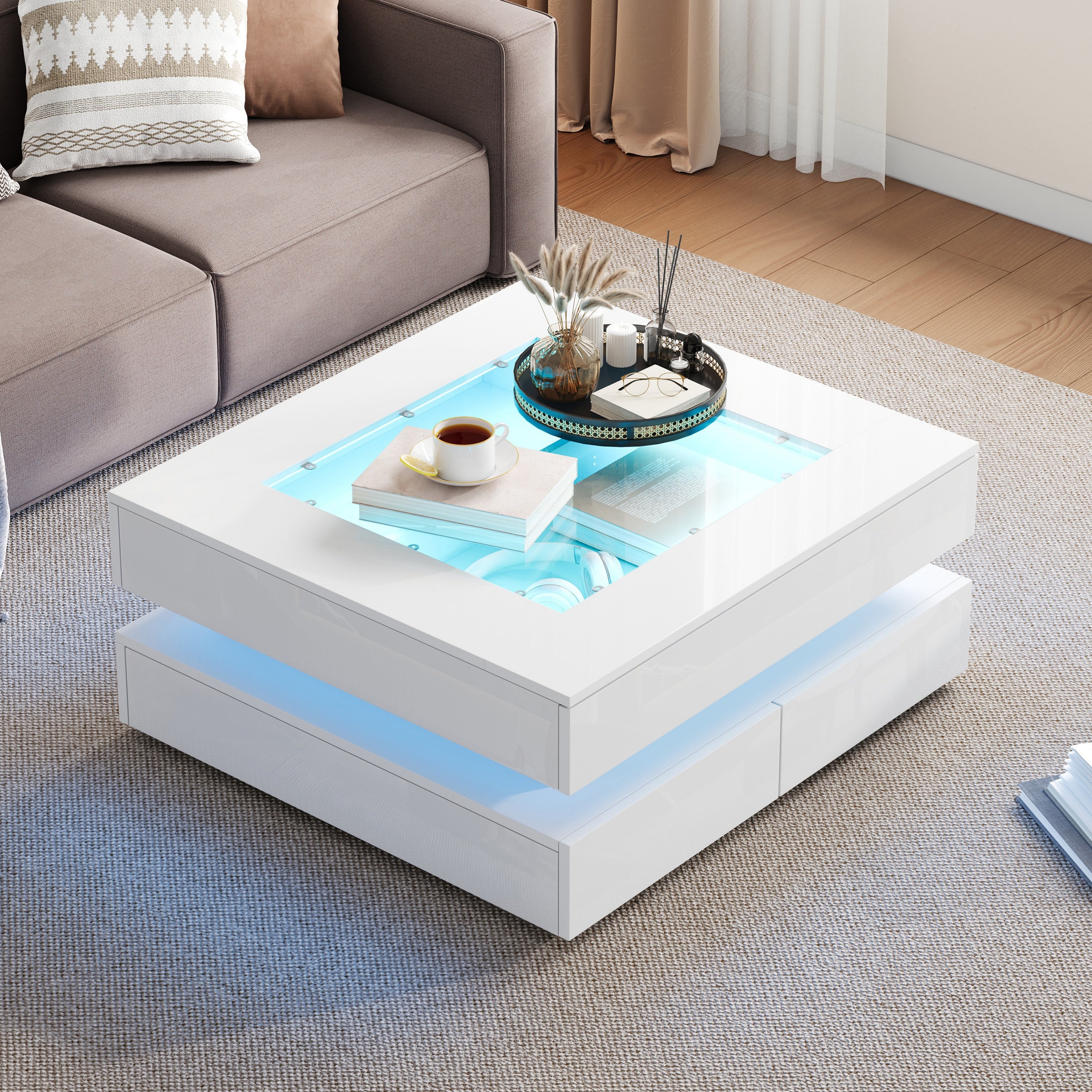 Stolik kawowy 70x70x35 cm - Z oświetleniem LED - 3 szuflady - Szklany blat - Lakier na wysoki połysk - Biały - 5