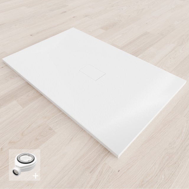 BAYA Receveur de douche 100 x 120 cm Blanc extra-plat aspect pierre + bonde incluse