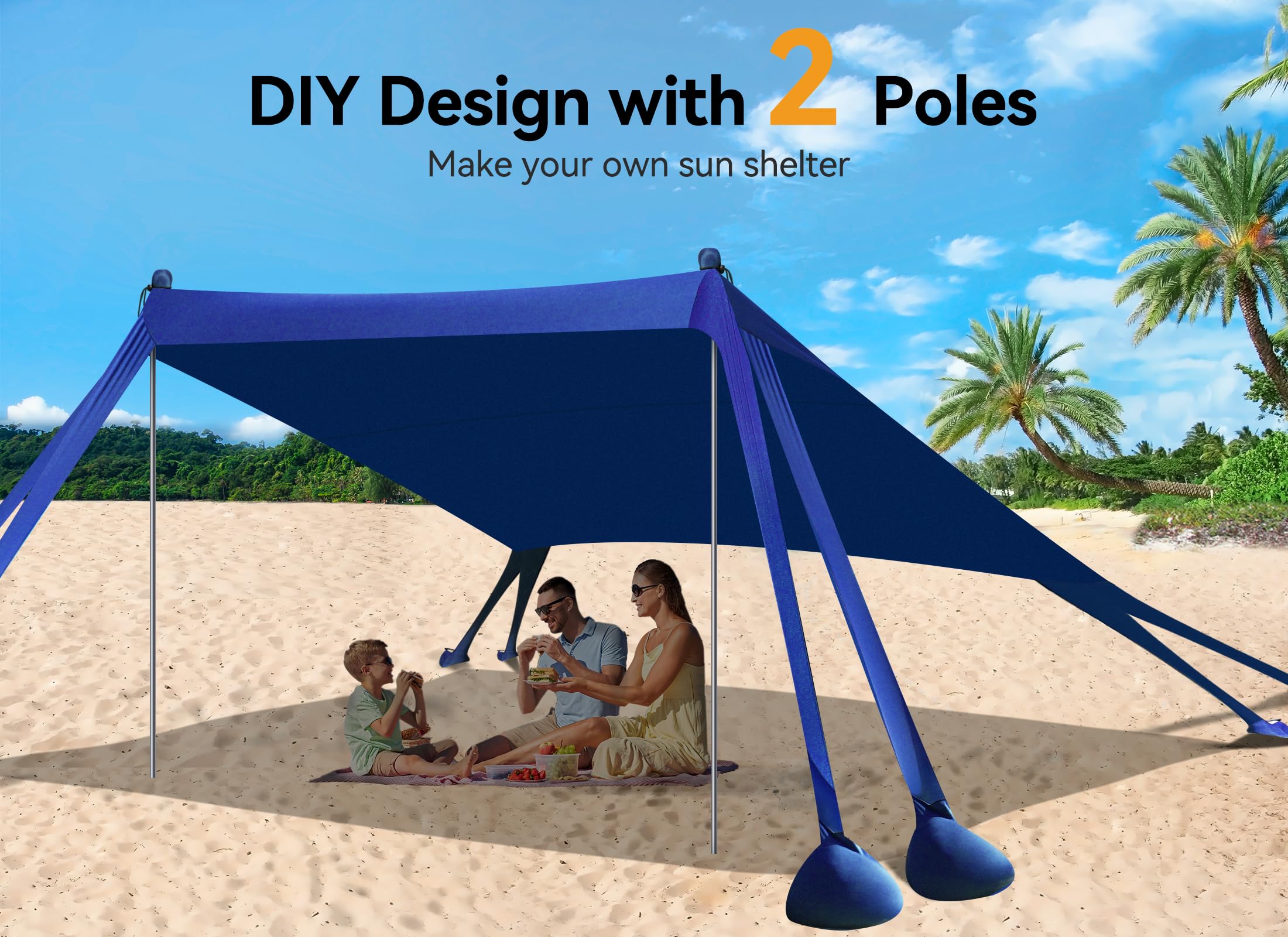 Tente de plage extérieure, pare-soleil de protection UPF50+ avec 8 sacs de sable, 10 x 10 pieds, pouvant accueillir jusqu'à 8 personnes, bleu marine - 9