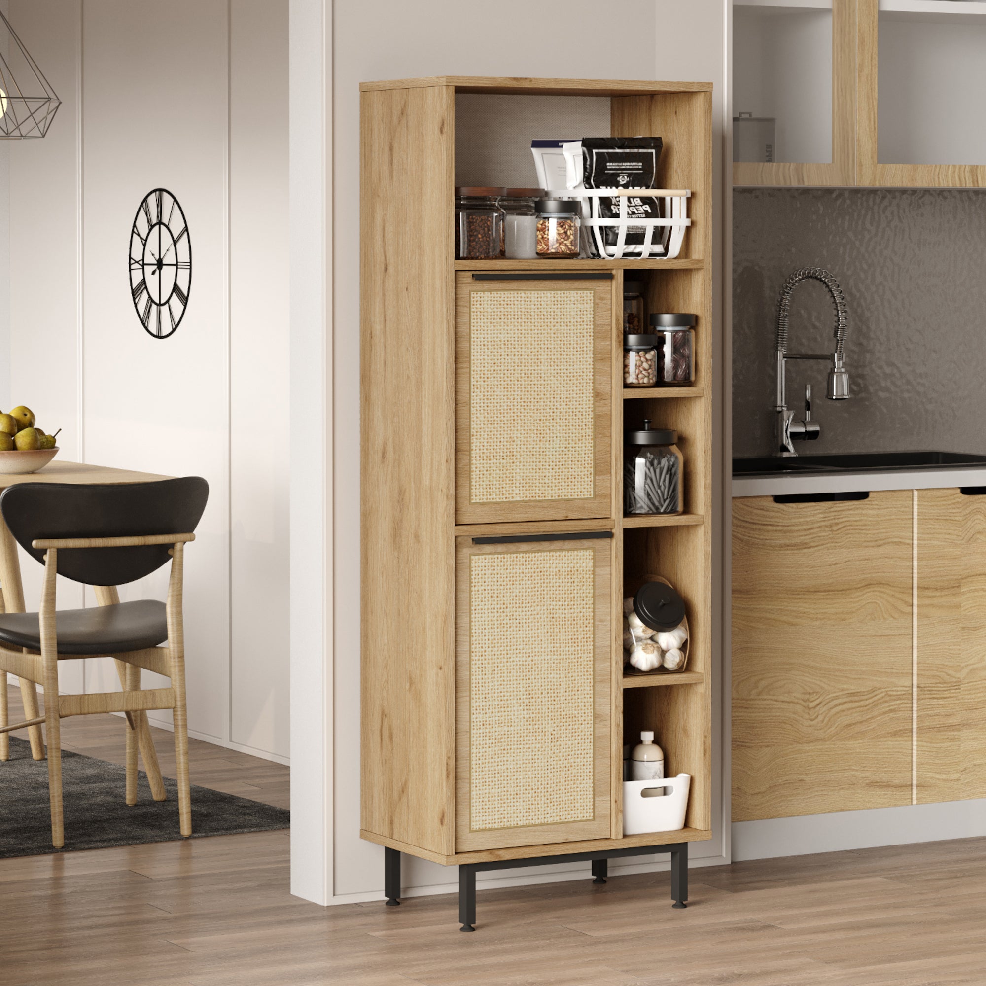 Grande Armoire Garde-Manger Adorable Lifestyle 218,5cm - 3 Portes - Effet Gris & Chêne - Moderne