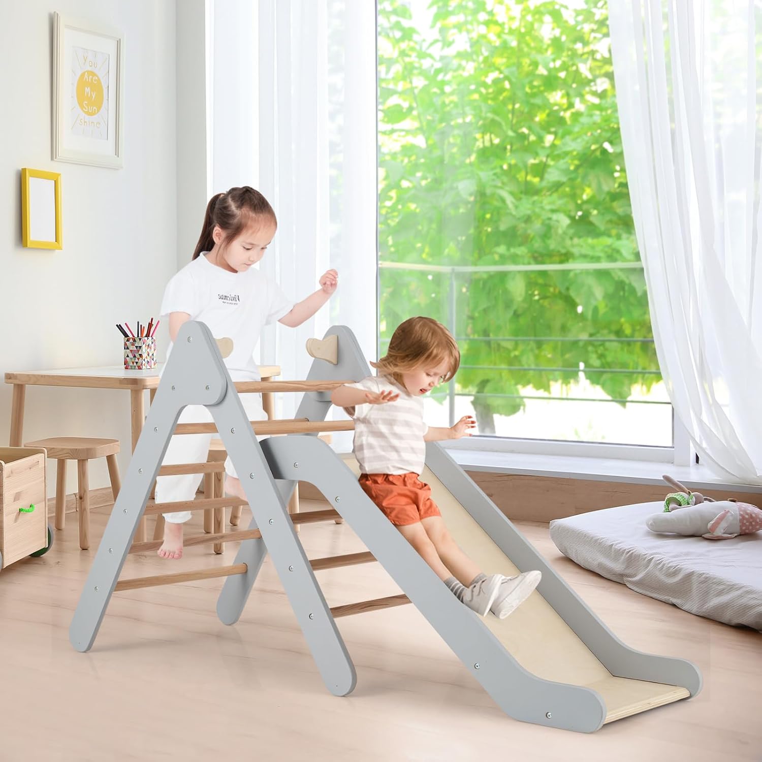 2 en 1 Triangle d'escalade Montessori Enfant avec Toboggan, Echelle d’Escalade en Bois avec Hauteur Réglable,Charge 60kg pour Enfants de 1 an+ - 8