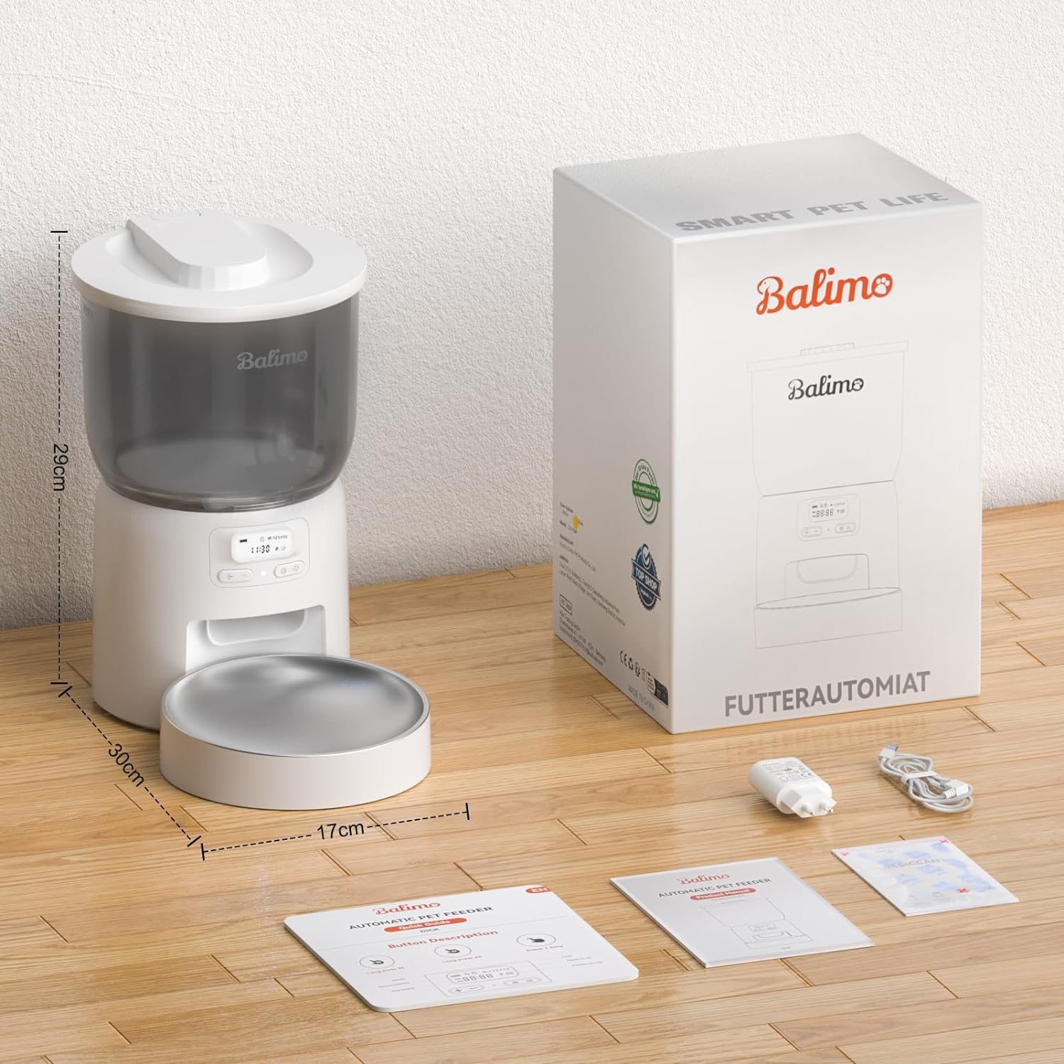 BalimoPet 3L Distributeur de Croquettes Blanc pour Chat/Chien, ,Minuterie Programmable/Fonction Enregistrement,avec Bol en Inox,Jusqu'à 6 Repas/Jour - 6