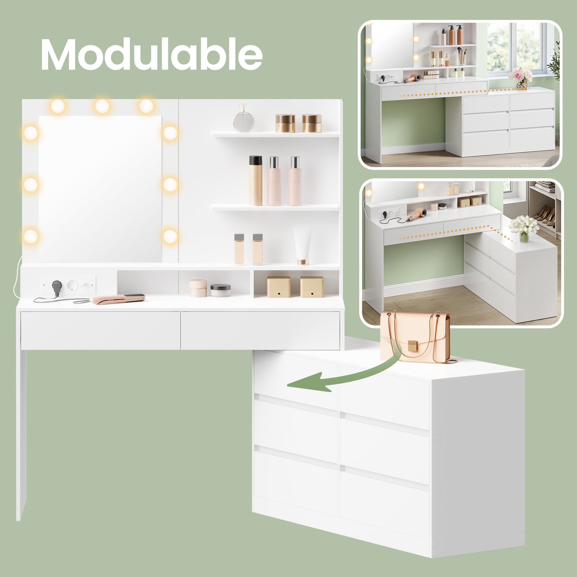 Table de Maquillage Modulable, en Ligne ou en L, Miroir LED 9 Ampoules, avec Multiprise, 8 Tiroirs, Blanc - 4