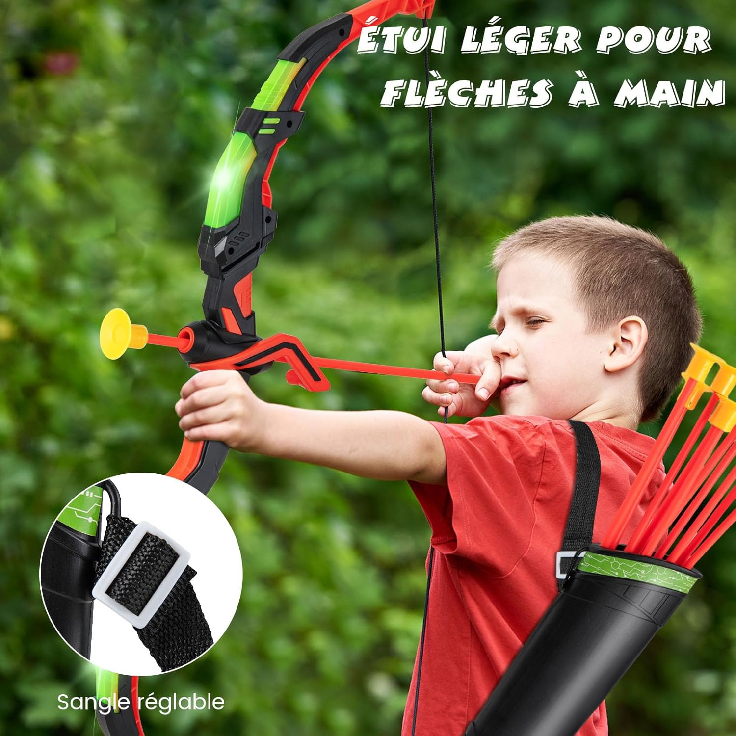 Arcs et Flèches Enfants, Ensemble Tir à l'arc à LED avec 20 Flèches à Ventouse, 2 Carquois, Jeu de Tir Intérieur Extérieur pour 3 à 12 Ans - 5