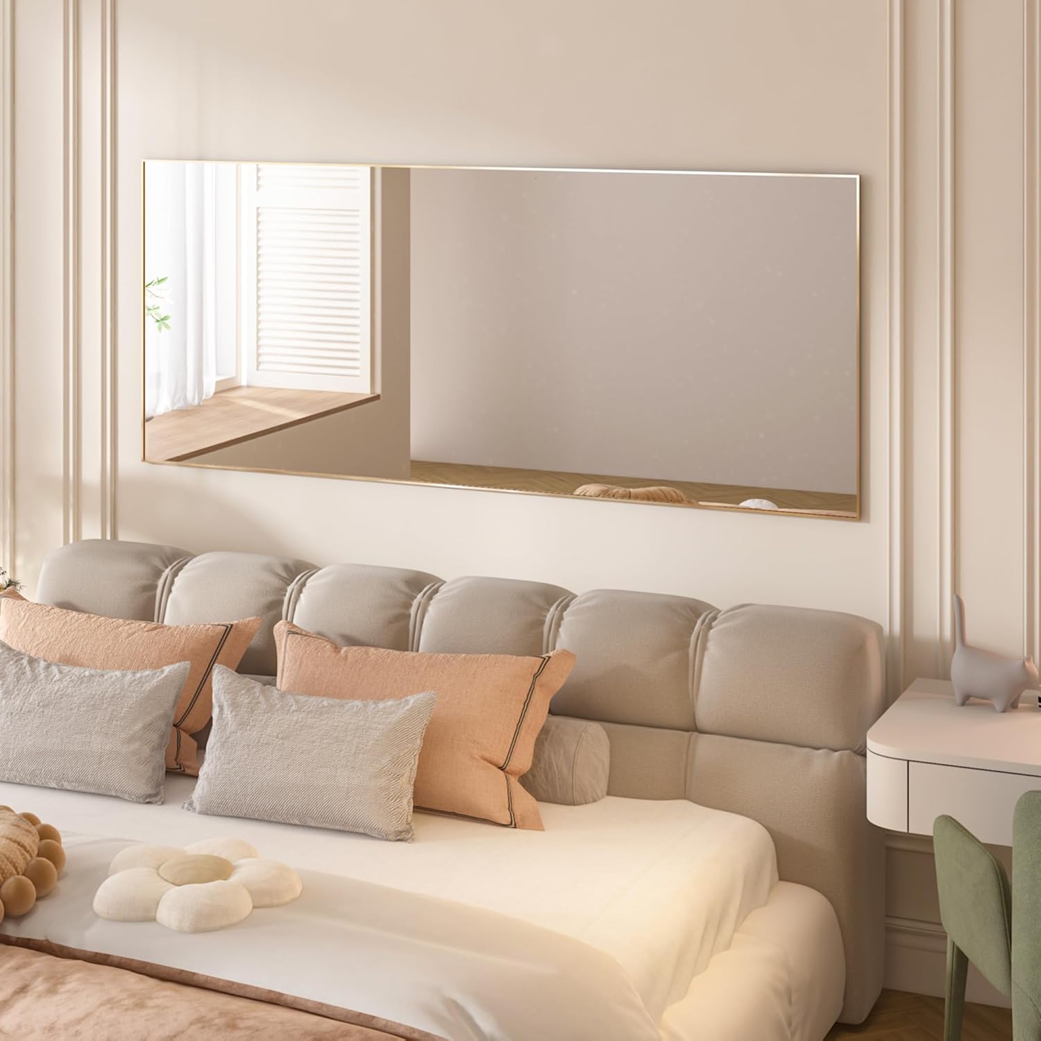 Espejo rectangular grande de 165 x 60 cm, espejo de cuerpo entero, espejo de dormitorio de pie o de pared, marco de aluminio, espejo dorado - 6