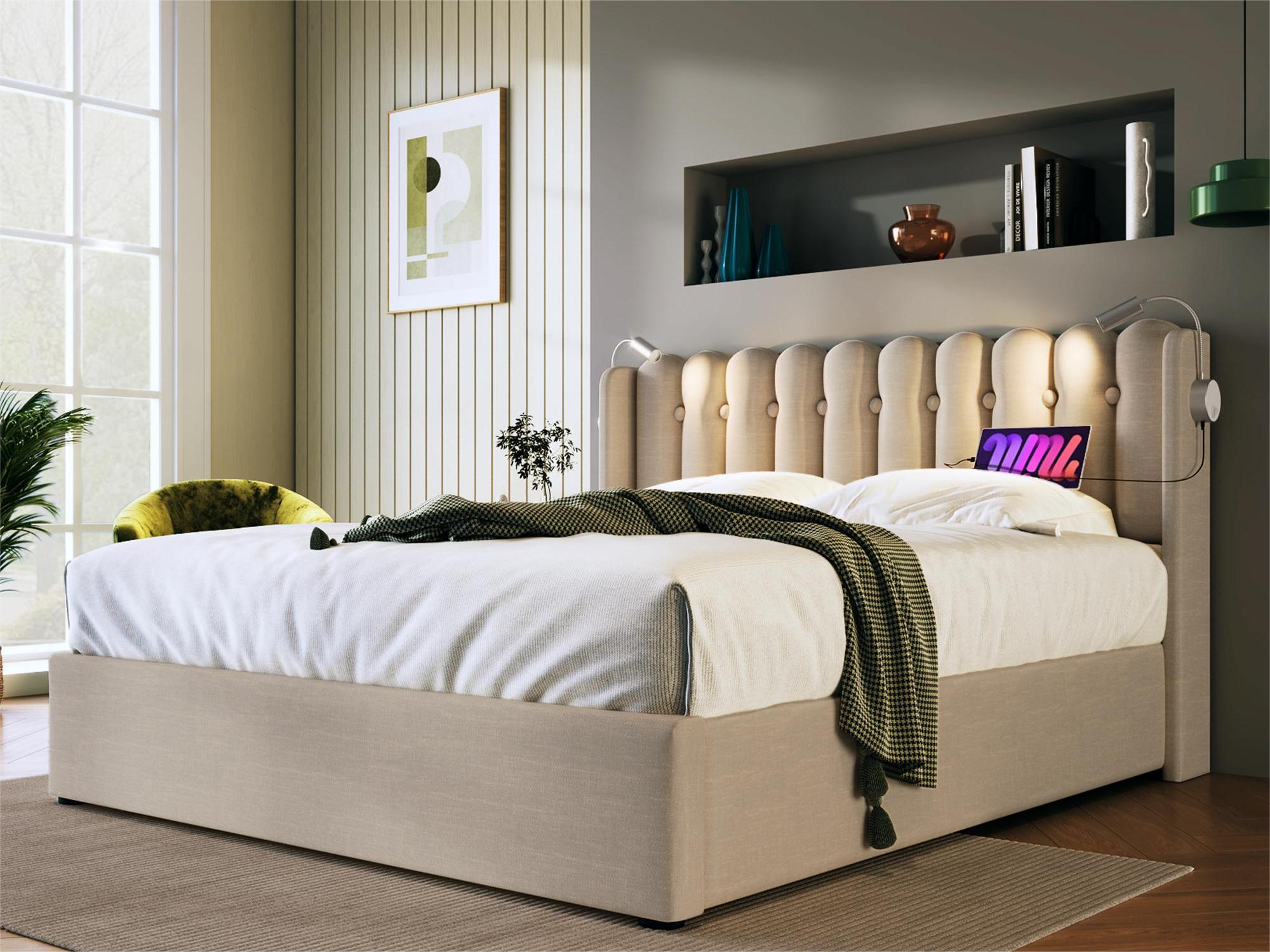 Cama contenedor con cabecero - 160 x 200 cm - lámpara de lectura y toma USB - tela de lino - color natural - 2