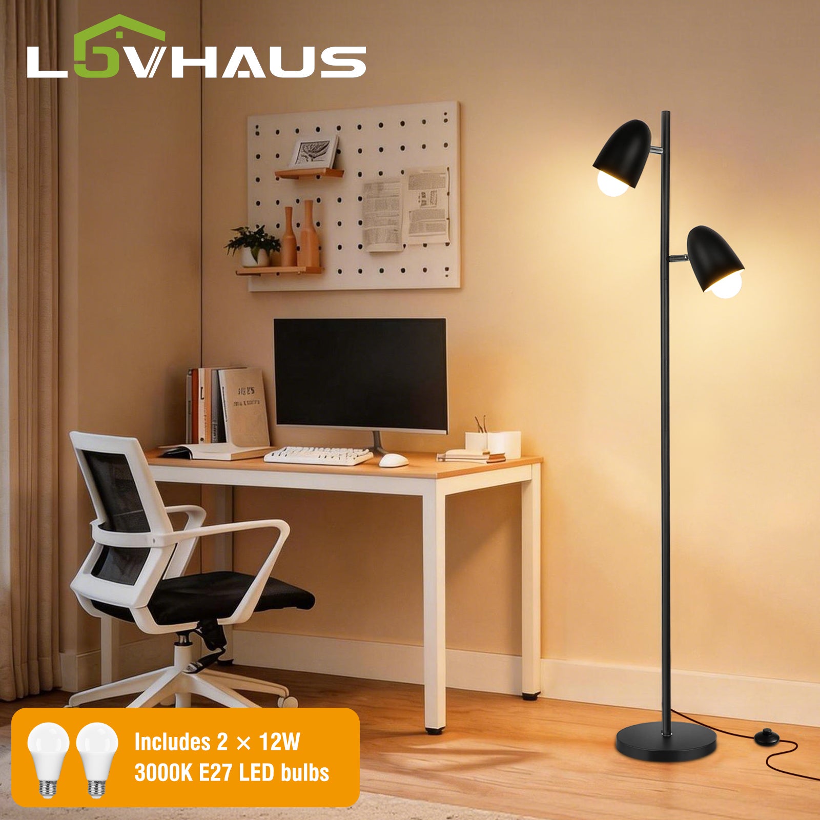 Фото - Люстра / світильник LOVHAUS Lampa podłogowa LED 163 cm czarna, 2 głowice 350°, industrialna, E27 max 60W, lampka czytania salon sypialnia biuro,