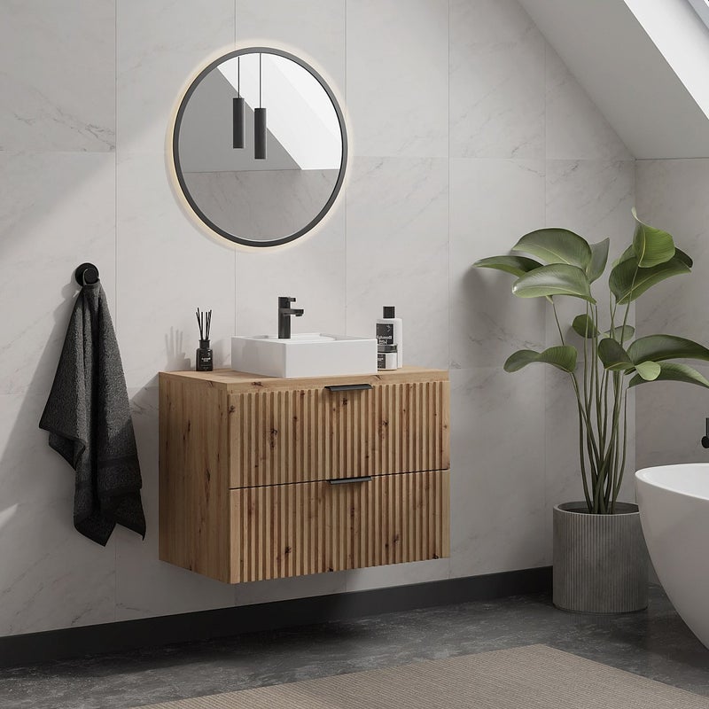 Szafka łazienkowa wisząca ryflowana z umywalką nablatową - Naturalny jasny - szer. 80 cm - ZEVARA