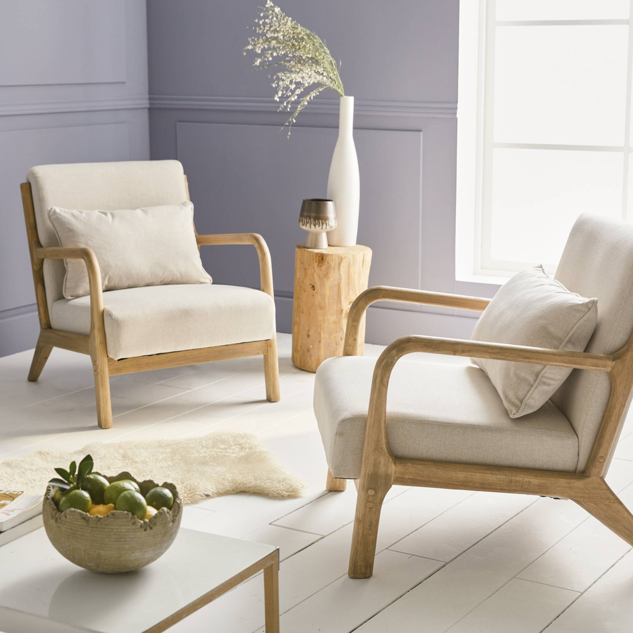 Fauteuil design en bois et tissu. 1 place droit fixe. pieds compas scandinave. structure en bois solide. assise - 4