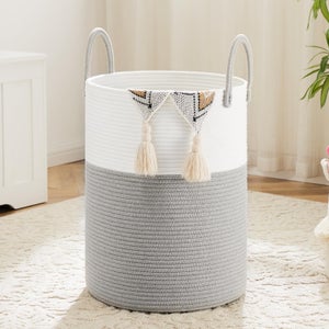 Cesto di Cotone Intrecciata 65L Extra Large, Contenitore Portaoggetti per Lavanderia, Giocattoli, Scarpe, Asciugamani, Organizer per Soggiorno e Camera da Letto, Bianco e Kaki, 57x38x30cm