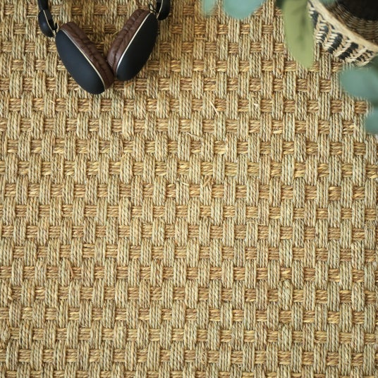 Tapis jonc de mer - Paro fin natté 4x4 - Ganse coton marron - 250 x 350 cm - 4