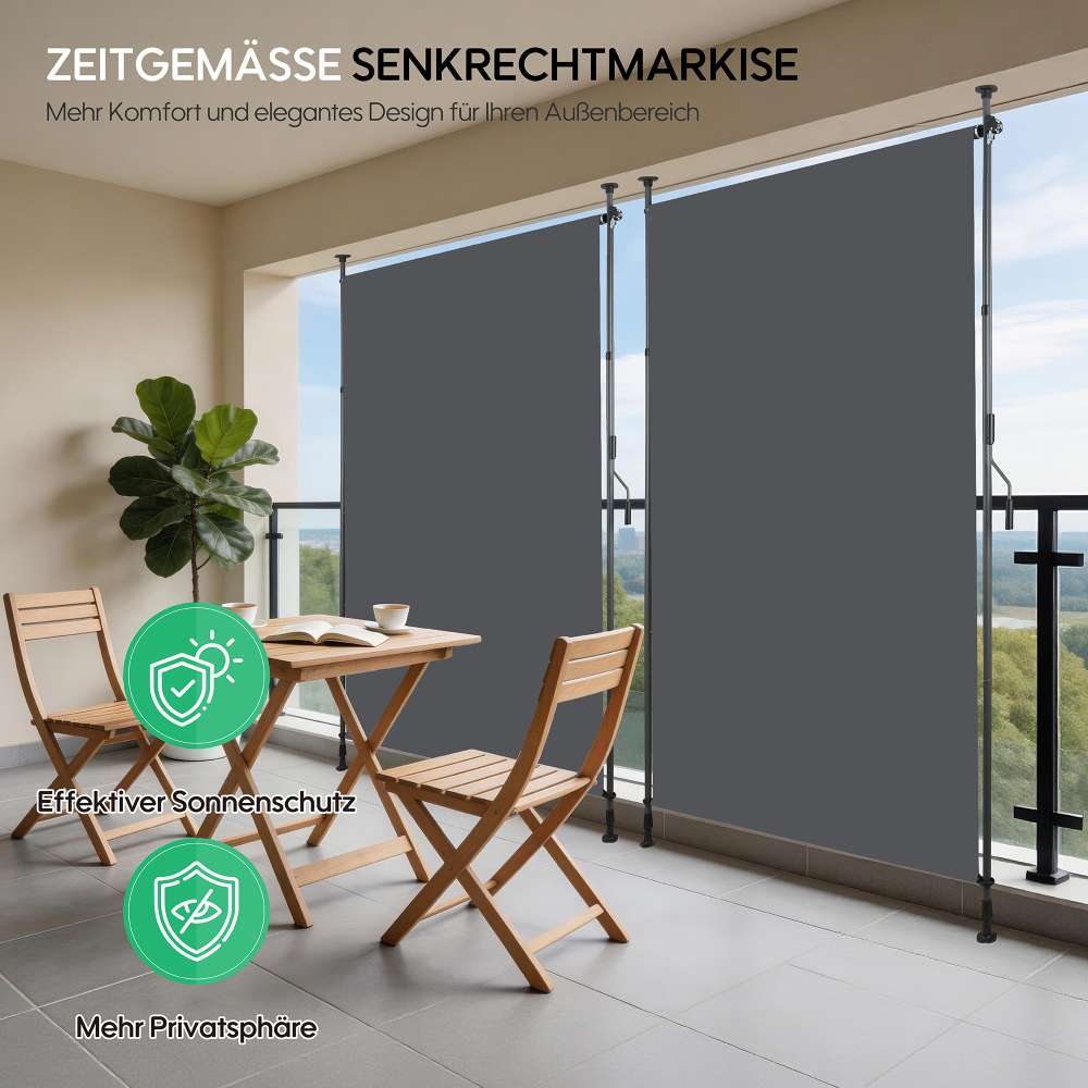 Store banne extérieur vertical sans perçage, pare-vue balcon terrasse, polyester anthracite 120x270cm, protection vent UV, avec manivelle - 7