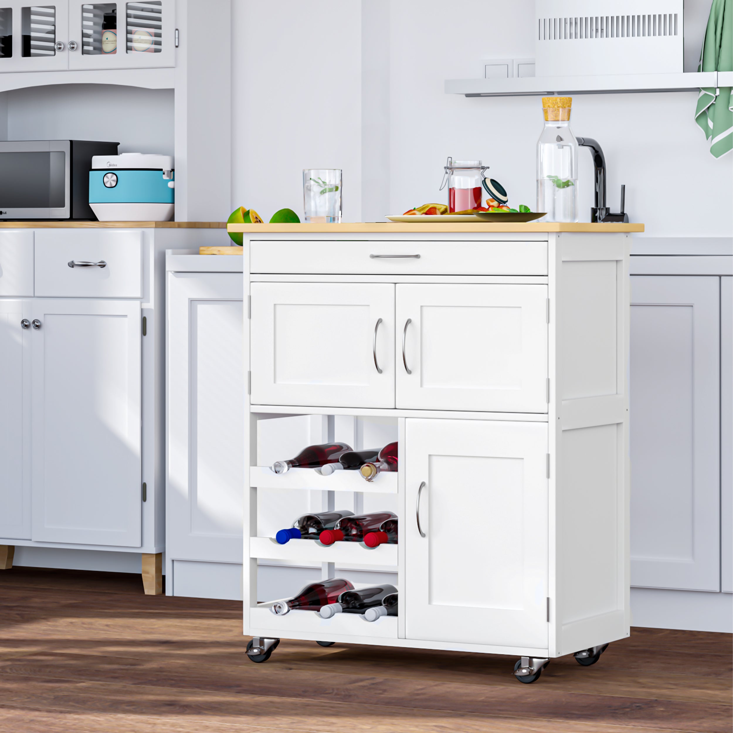 Homcom Carro De Cocina Con Ruedas Cajón 2 Armarios 67X37x87cm Blanco , Leroy Merlin