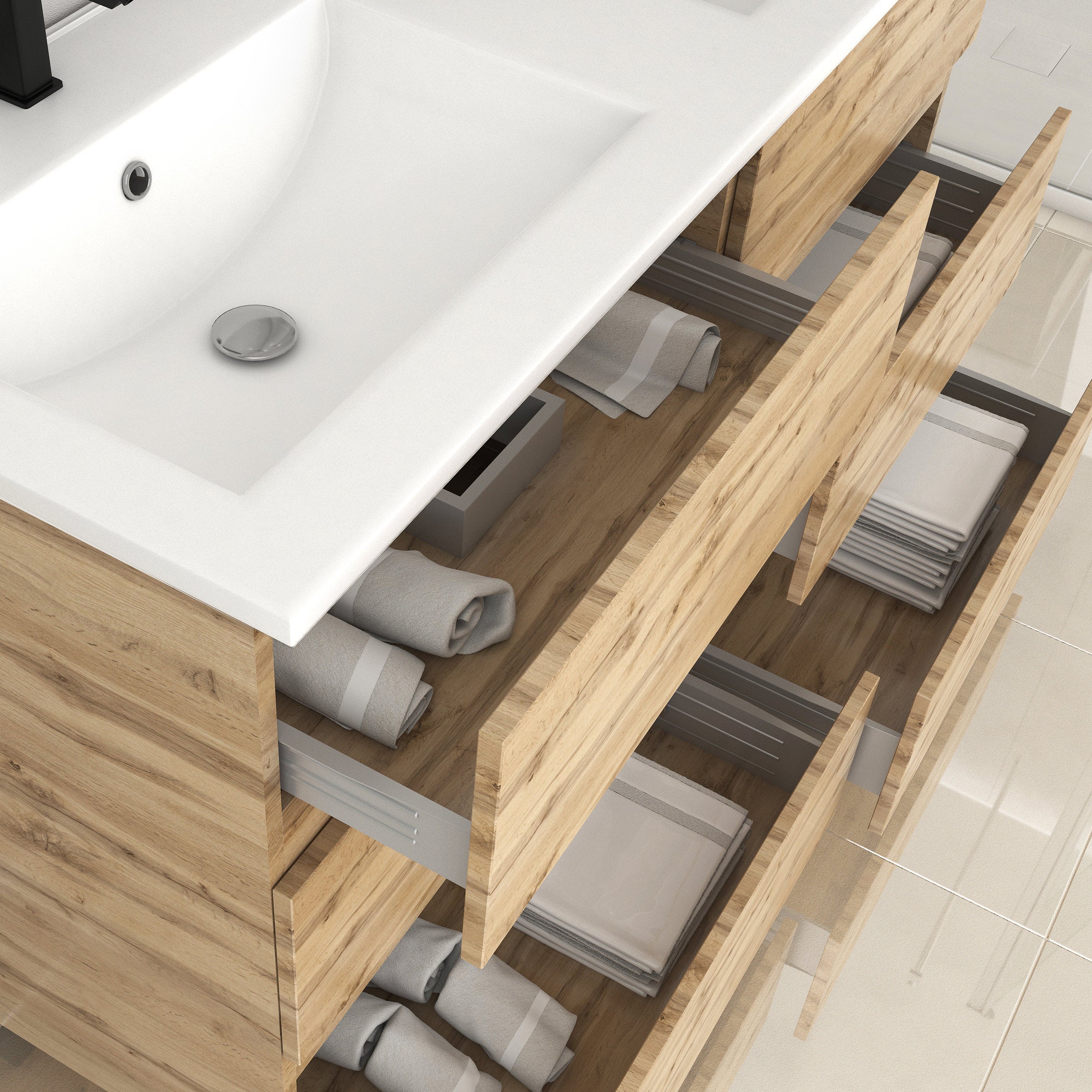 Meuble de salle de bains 120cm 6 Tiroirs_Chêne Naturel + Vasque céramique blanche - TIMBER 120 - 2