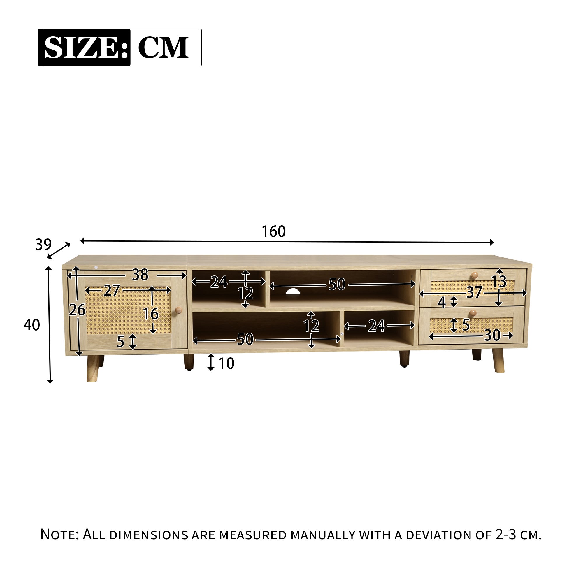 Meuble TV, Banc TV 160 cm avec 2 tiroirs, 1 porte & 4 compartiments, Pour les TV jusqu'à 70