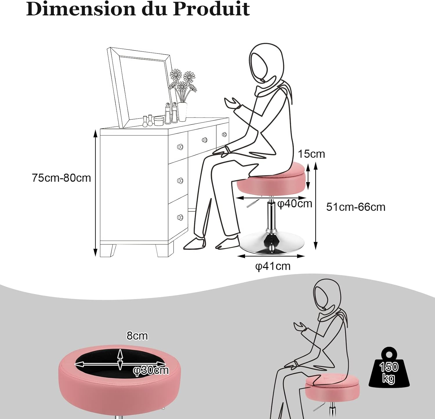 Taboret do Makijażu Obracany o 360°, Toaletki z Miejscem do Przechowywania, Wysokość Siedziska 51-66 cm, Okrągły, Nowoczesny (Różowy) - 3