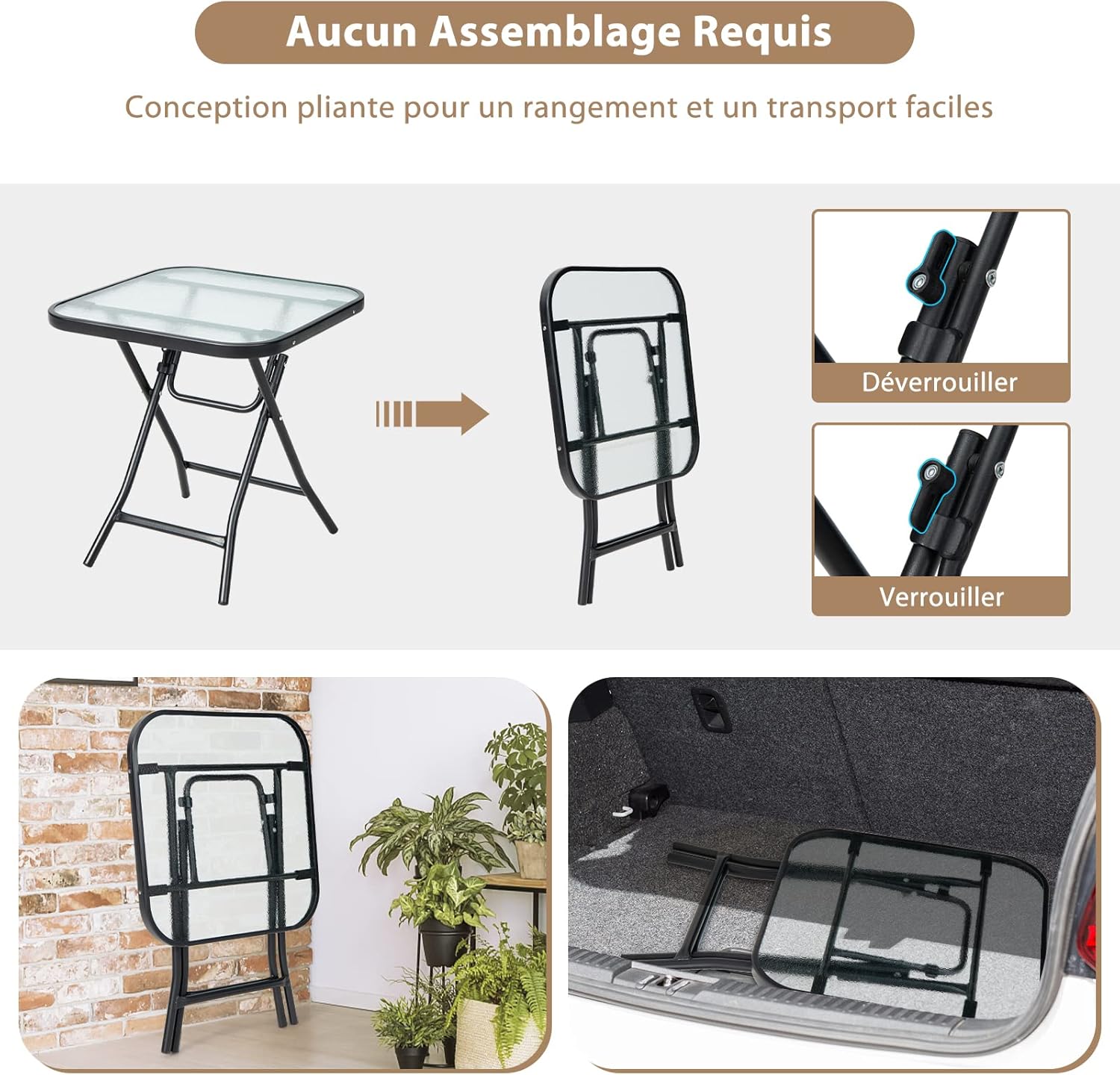 Table de Jardin Bistro Pliante, avec Plateau en Verre Trempé, 46,5x46,5x47,5cm, pour Intérieur et Extérieur Patio Balcon Terrasse, Noir - 4