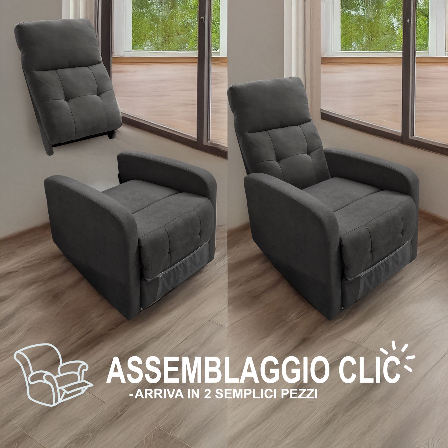 Poltrona Divanetto Relax sofa' Reclinabile con poggiapiedi in tessuto 150° con schienale Facile risalita Alzapersona per Anziani o Multiuso GRI SCURO - 4