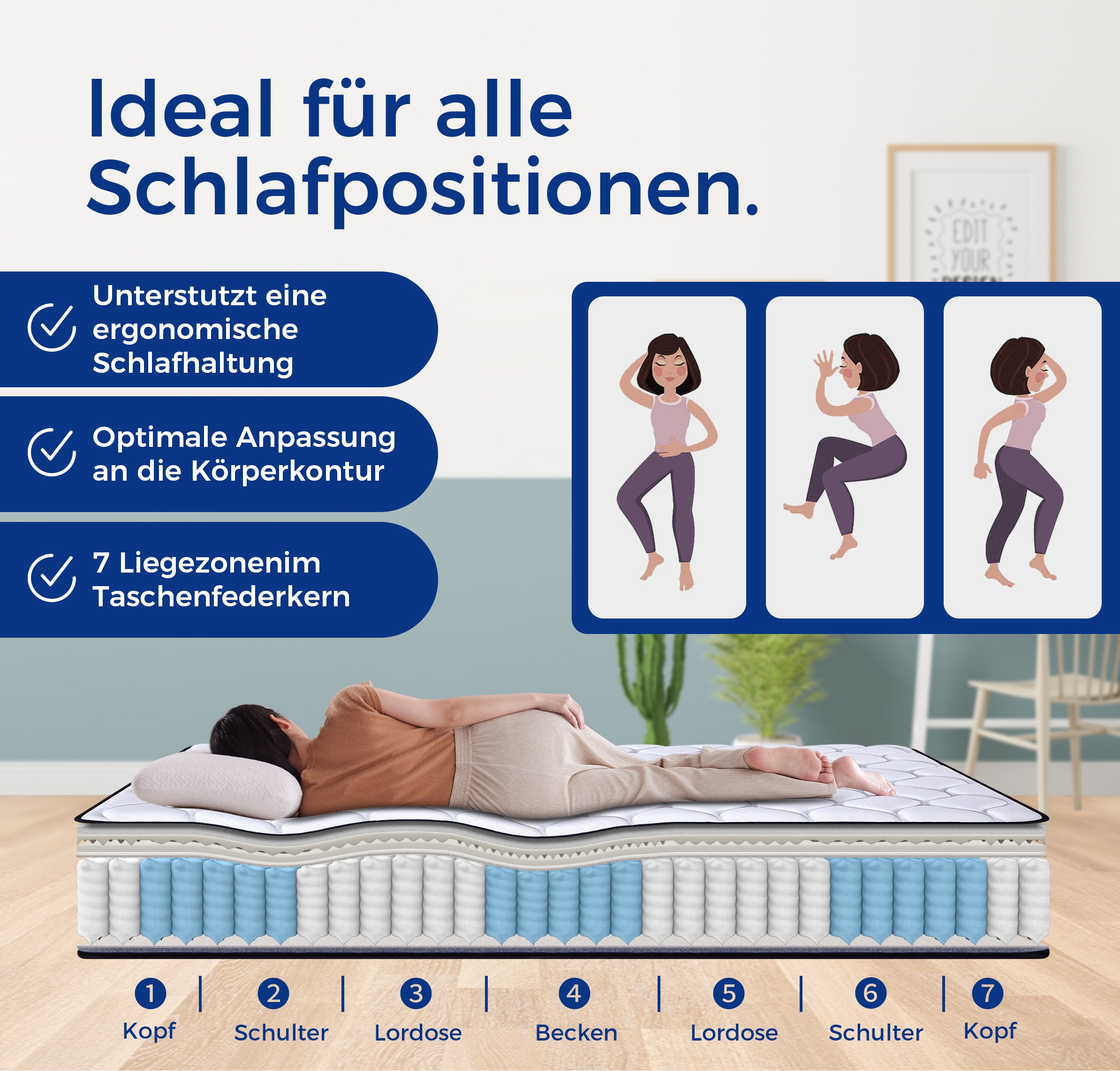 Materasso a molle insacchettate 120 x 200, certificato Oeko TEX, materasso viscoelastico con 1000 molle e rivestimento in lyocell, altezza 20 cm. - 4