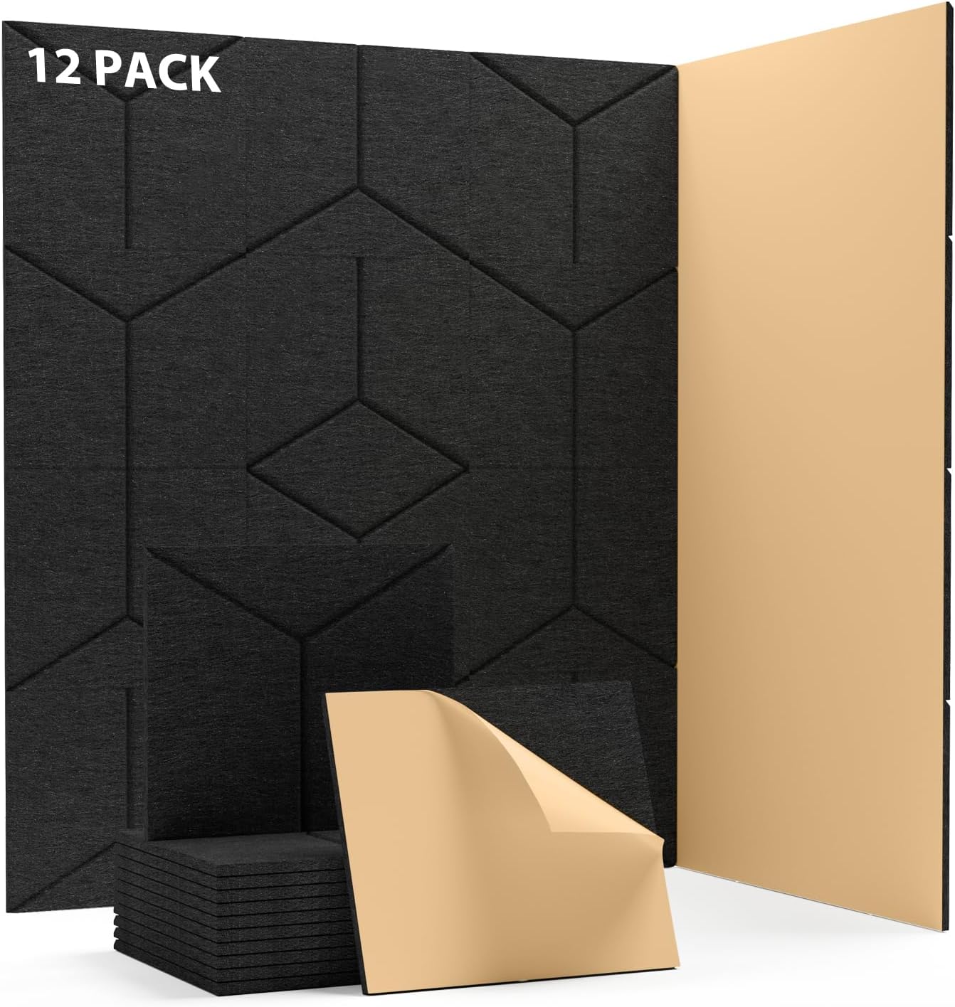 Zestaw 12 samoprzylepnych paneli akustycznych, dźwiękoszczelne panele ścienne, panele dźwiękochłonne z poliestru o wysokiej gęstości, 30 x 26 x 1 cm