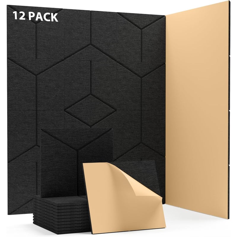 Zestaw 12 samoprzylepnych paneli akustycznych, dźwiękoszczelne panele ścienne, panele dźwiękochłonne z poliestru o wysokiej gęstości, 30 x 26 x 1 cm